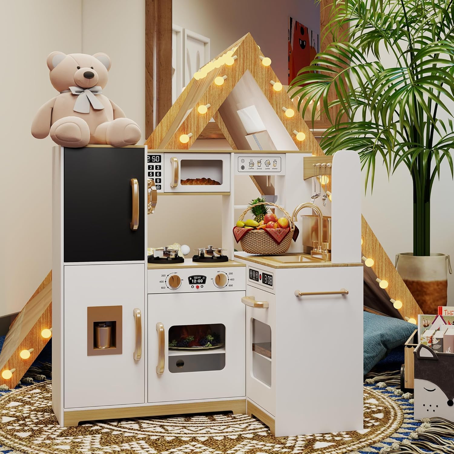 TaoHFE White Corner Play Kitchen with Lights,Kitchen Set for Kids Ages 3-8,White Kids Toy Kitchen Set with Pretend Play Accessories Playset for Kid