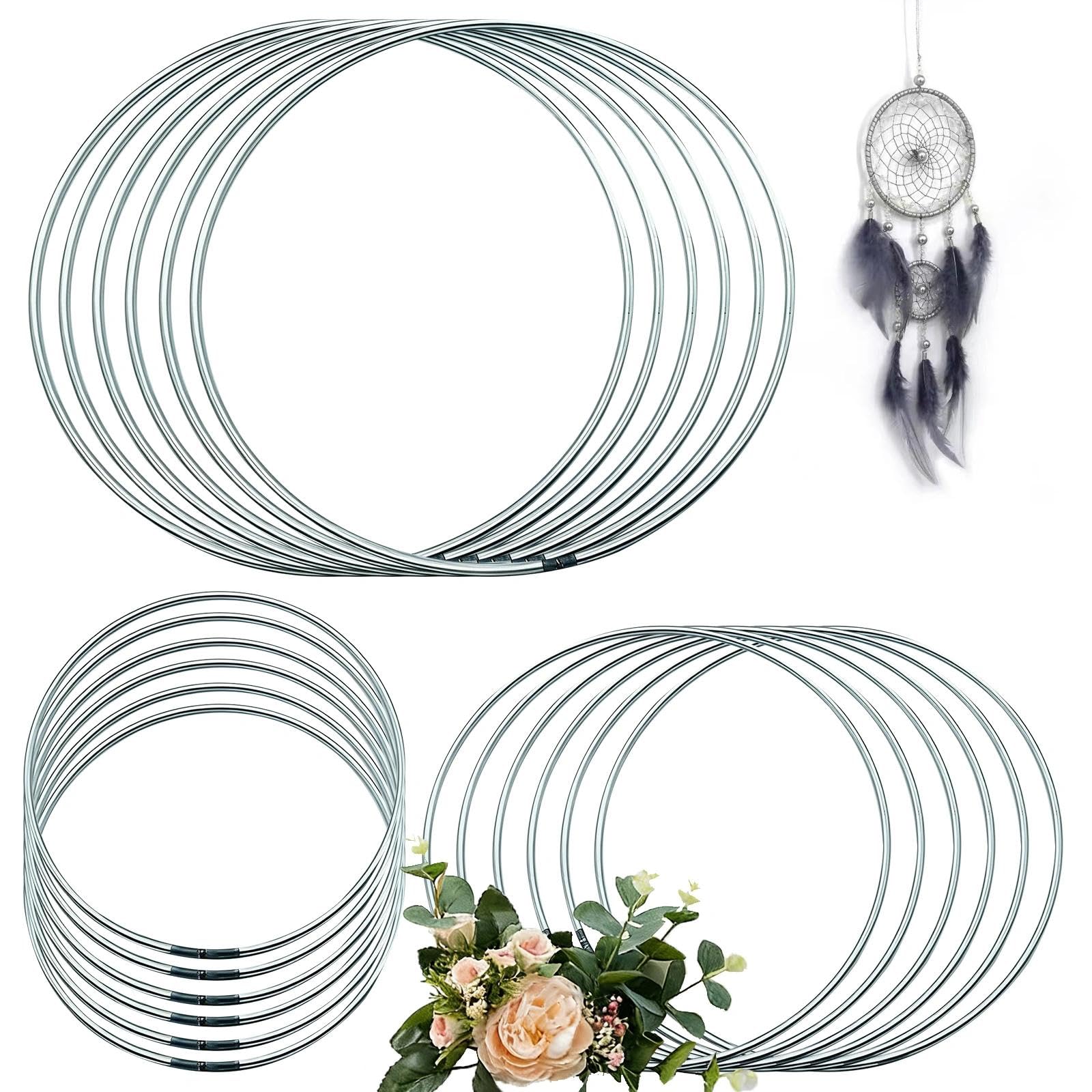 18Pcs Metal Rings Craft Kit, Multi Size Silver Wire Hoops for Wreath Making, Large Frames for DIY Floral, Macrame, Crochet, Dream Catchers and Wall Hanging Decor(4”, 6”, 8”)