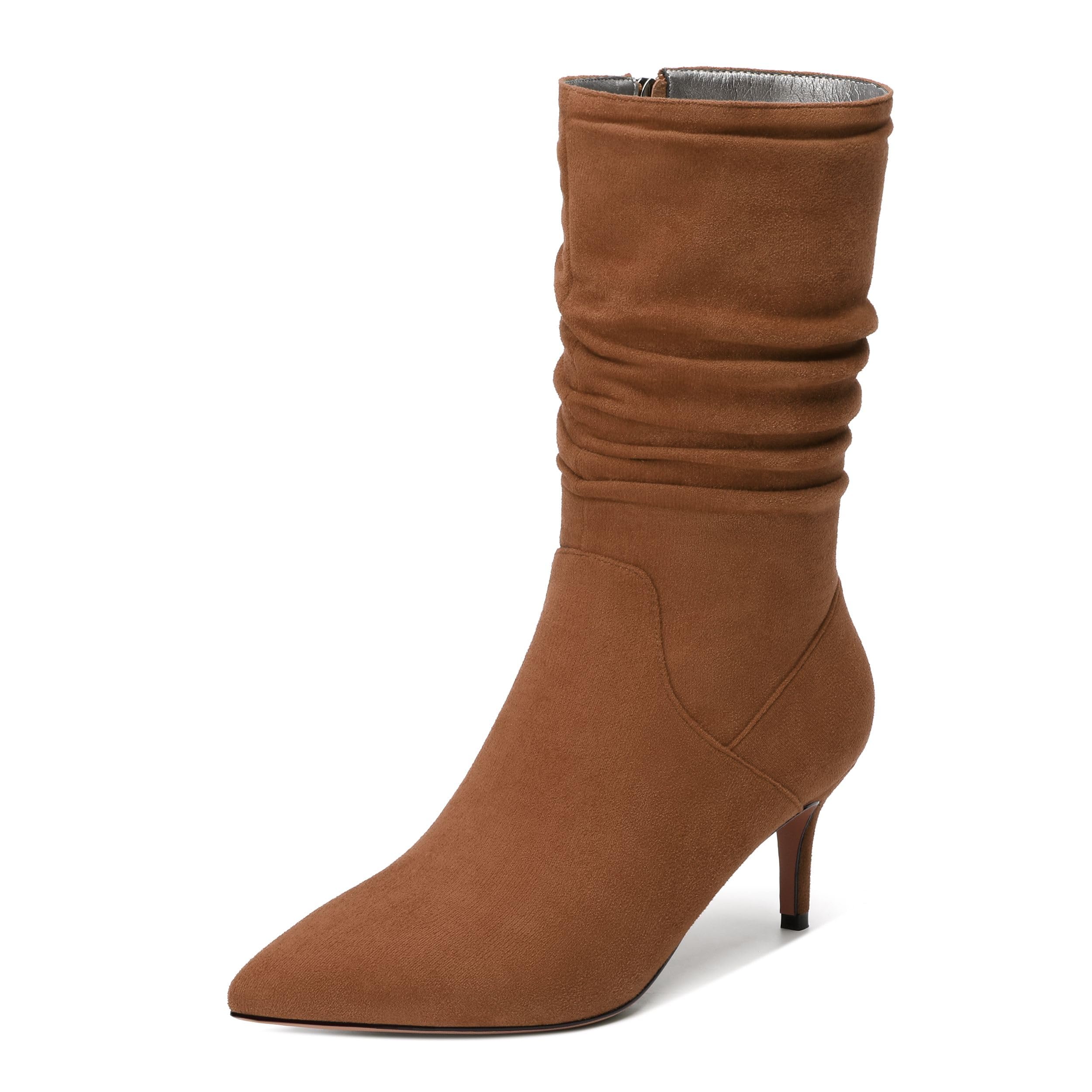 Womens High Heel Mid Calf Slouchy Boots Pointed Toe Zip Fashion Boot Brown Suede Size 7 5