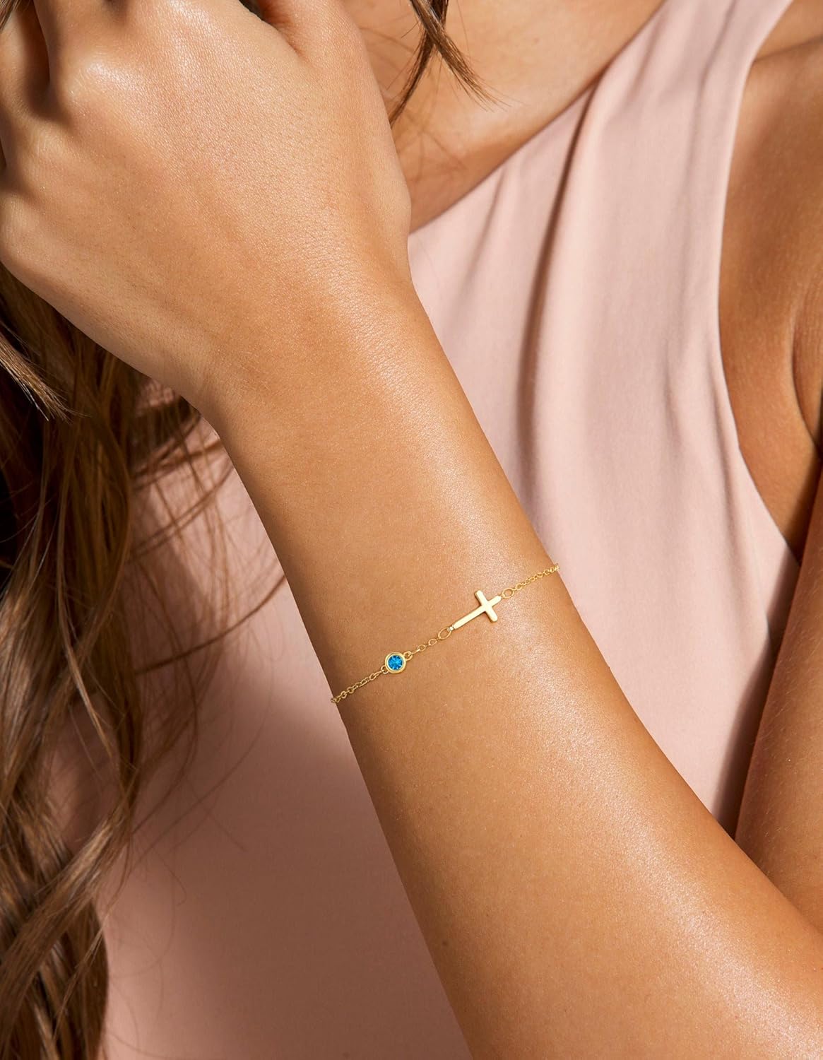 Dainty Birthstone Gold Cross Bracelets for Women Trendy 14K Gold Plated Inspirational Religious Faith Small Cross Bracelet Christian Baptism Birthday Gift for Women Minimalist Non Tarnish Jewelry - Image 3