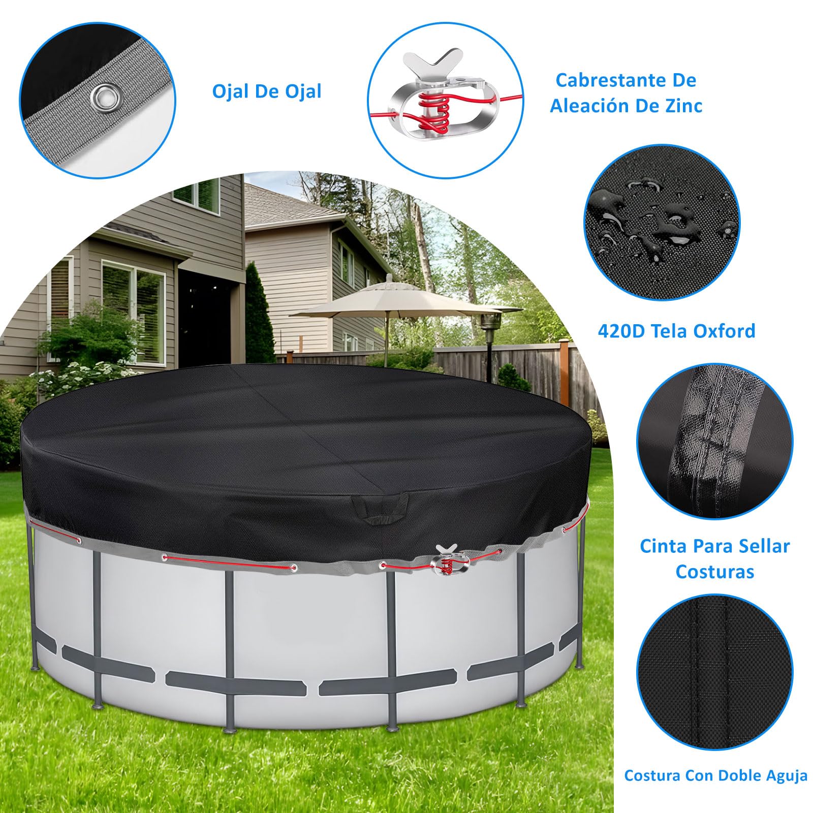 Cubre Piscinas Redondas Ø564x30cm para 500-550cm con Ojales | Negro, resistente a los rayos UV y al desgarro, para verano e invierno, compatible con piscinas INTEX y BESTWAY