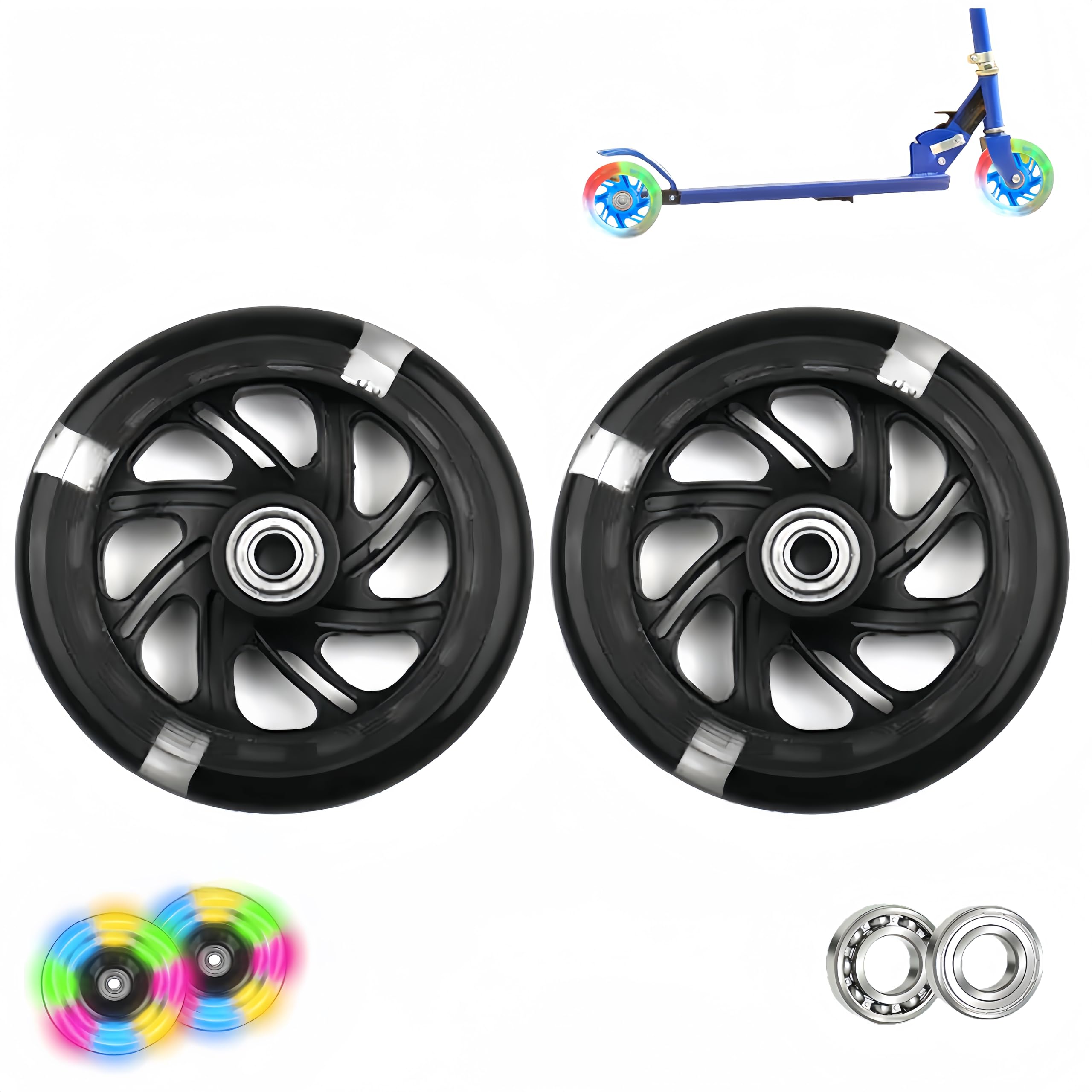 Ruote per scooter, 2 pezzi, luminoso, per tutti i monopattini, colore nero, con ruote da 100 mm