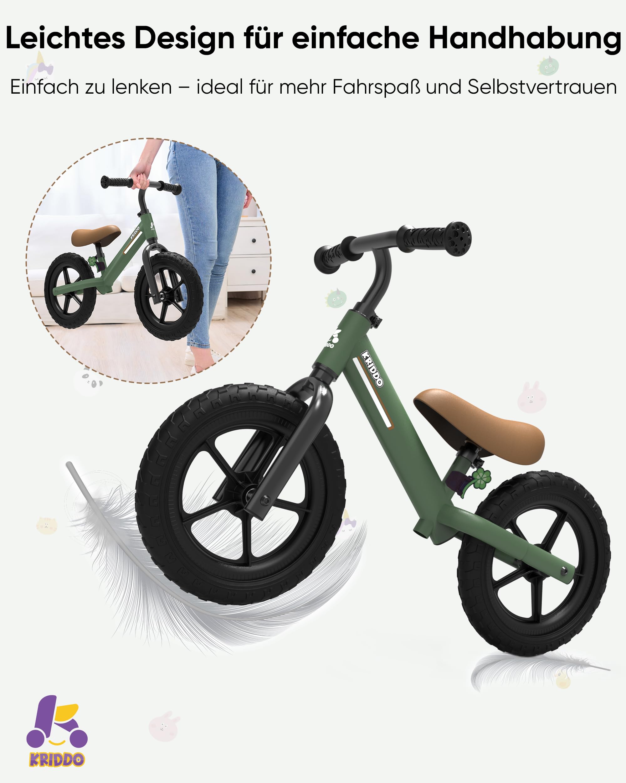 KRIDDO Laufrad ab 2 Jahren, Balancefahrrad für Kinder von 2-5 Jahren, Dual-Lager für sanftes Fahren, Verstellbarer Sitz und Lenker, Geschenk für Jungen und Mädchen