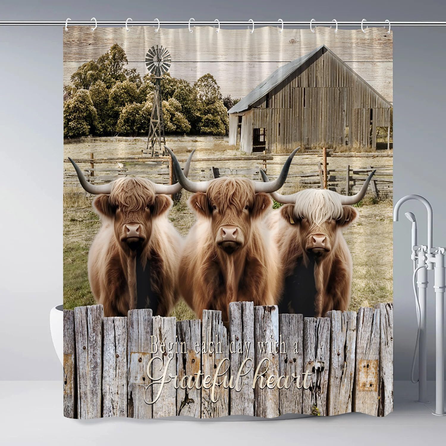 Farmhouse Highland Cows Shower Curtain Longhorn Bull Farm Animal Rustic Brown Cattle Western Country Wildlife Vintage Wood Funny Bathroom Decor Curtains Set Fabric with Hooks 70Wx90H Inch