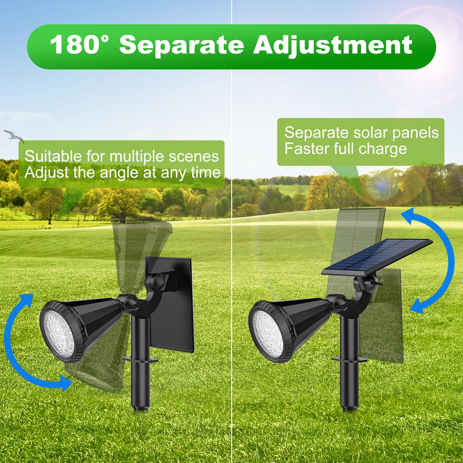 Tadyreal Luci solari per esterni, impermeabili, regolabili a 180°, per cortile, 4 modalità di illuminazione, faretti ad energia solare, per vialetti, giardini, pareti esterne, piscina, portico