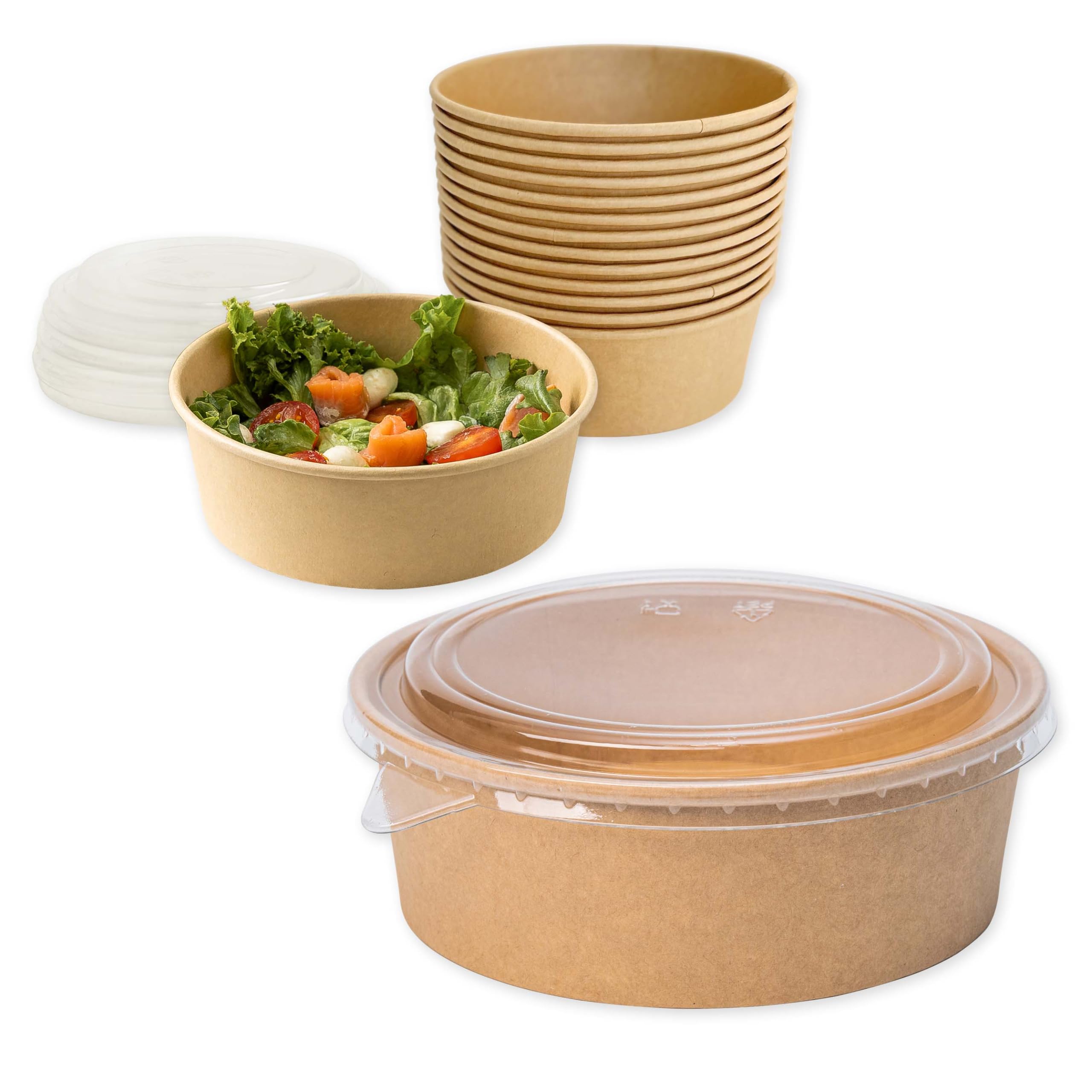Ensaladeras Redondas de Papel Kraft con Tapa PET 300 unidades 1300 ml | Cuencos desechables de cartón kraft con tapa, ideales para ensaladas, sopas, aperitivos y alimentos para llevar