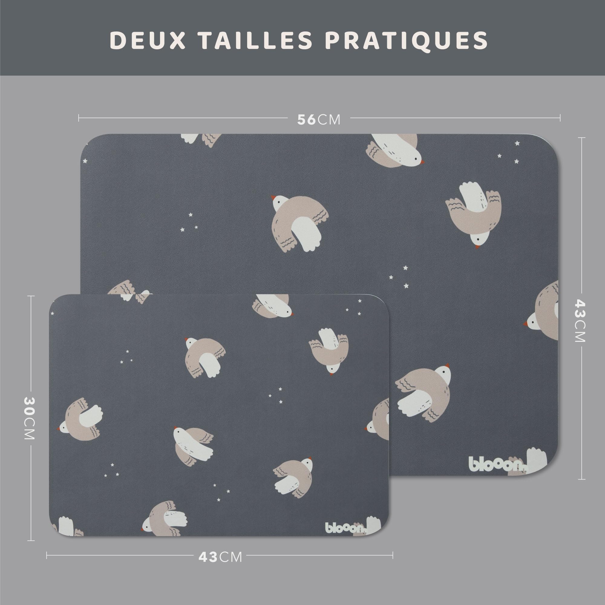 Blooom XL Set de Table pour Bébé, Enfants et Tout-Petits | Dessous de Bureau Protecteur de Table | Réutilisable, antidérapant et résistant aux Taches | Design hollandais (Oiseaux, 43cm x 56cm)