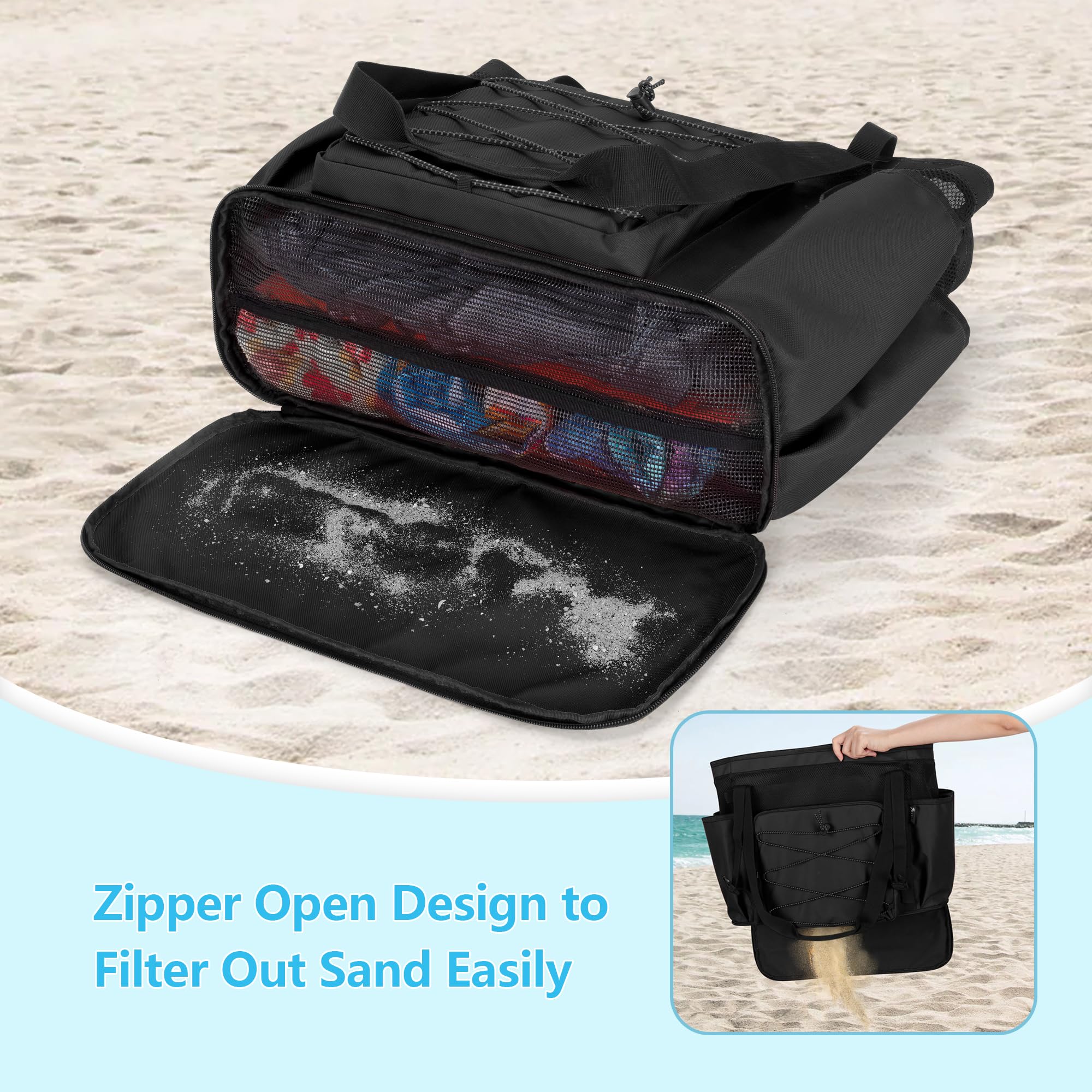 Fasrom Bolsa de playa XXL con cremallera inferior, bolsa de baño XXL familiar, bolsa de sauna para mujer grande, bolsa de natación familiar, bolsa de playa impermeable con cremallera, mochila de playa