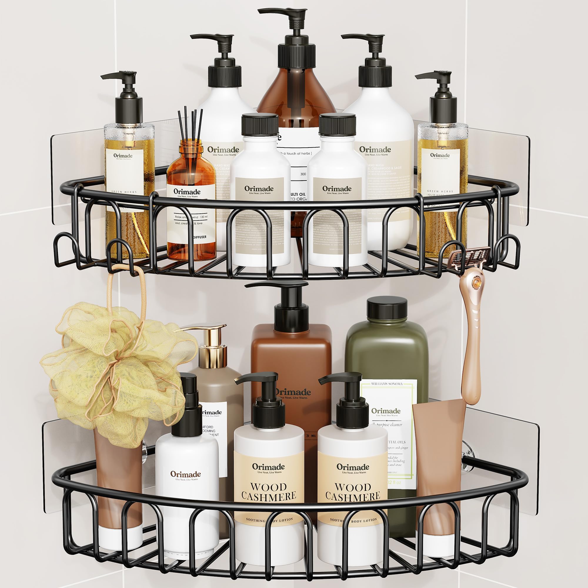 Orimade Corner Shower Caddy Stainless Steel with Hooks Wall Mounted Bathroom Shelf Storage Organizer Adhesive No Drilling 2 Pack, Black Only for 90-Degree Corner