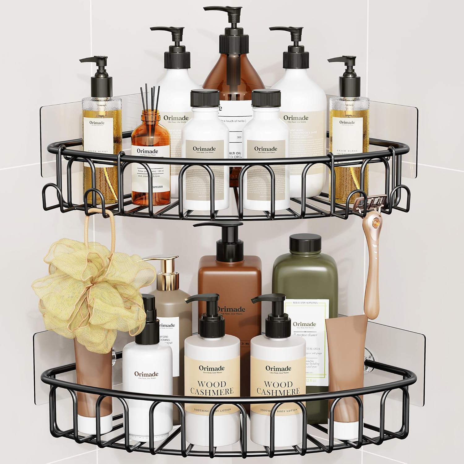 Orimade Corner Shower Caddy Stainless Steel with Hooks Wall Mounted Bathroom Shelf Storage Organizer Adhesive No Drilling 2
