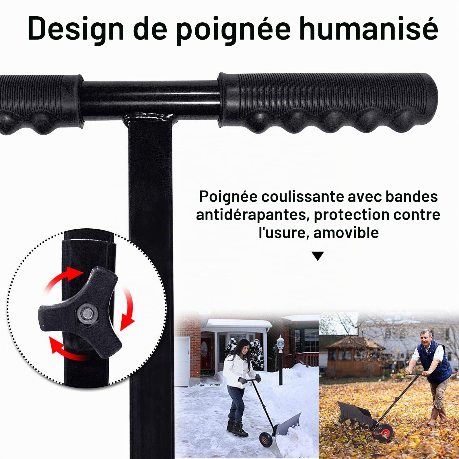 Aufun Pelle à neige avec roues, réglable en hauteur, Déneigement confortable, Pelle à neige métallique préservant le dos, Largeur de travail 75 cm, Hauteur 42 cm