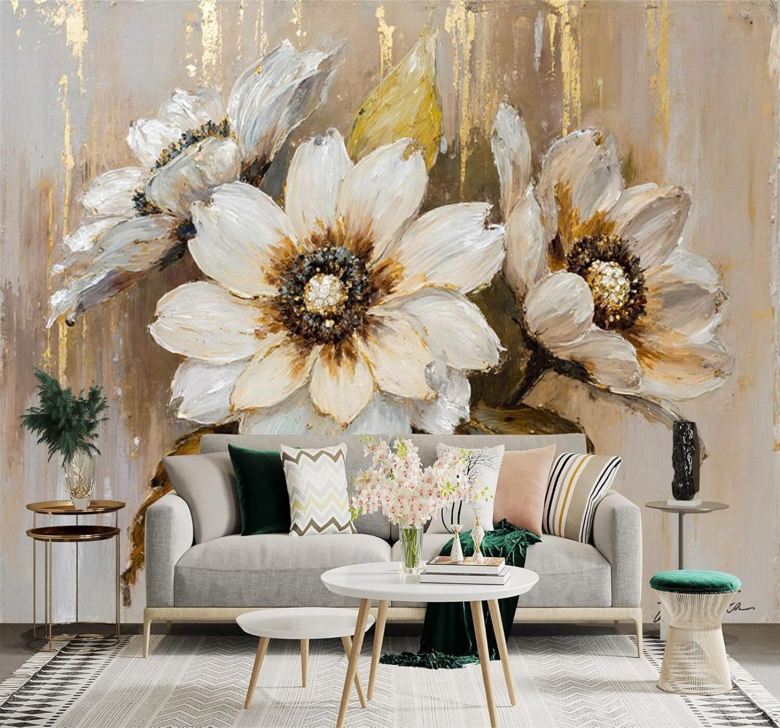 Tzxztt White Flowers Golden Leaves Abstract Floral Modern 3D Wallpaper Premium Textured Silk Neutral Tones Material Ideal for Living Room Bedroom-250cm×170cm