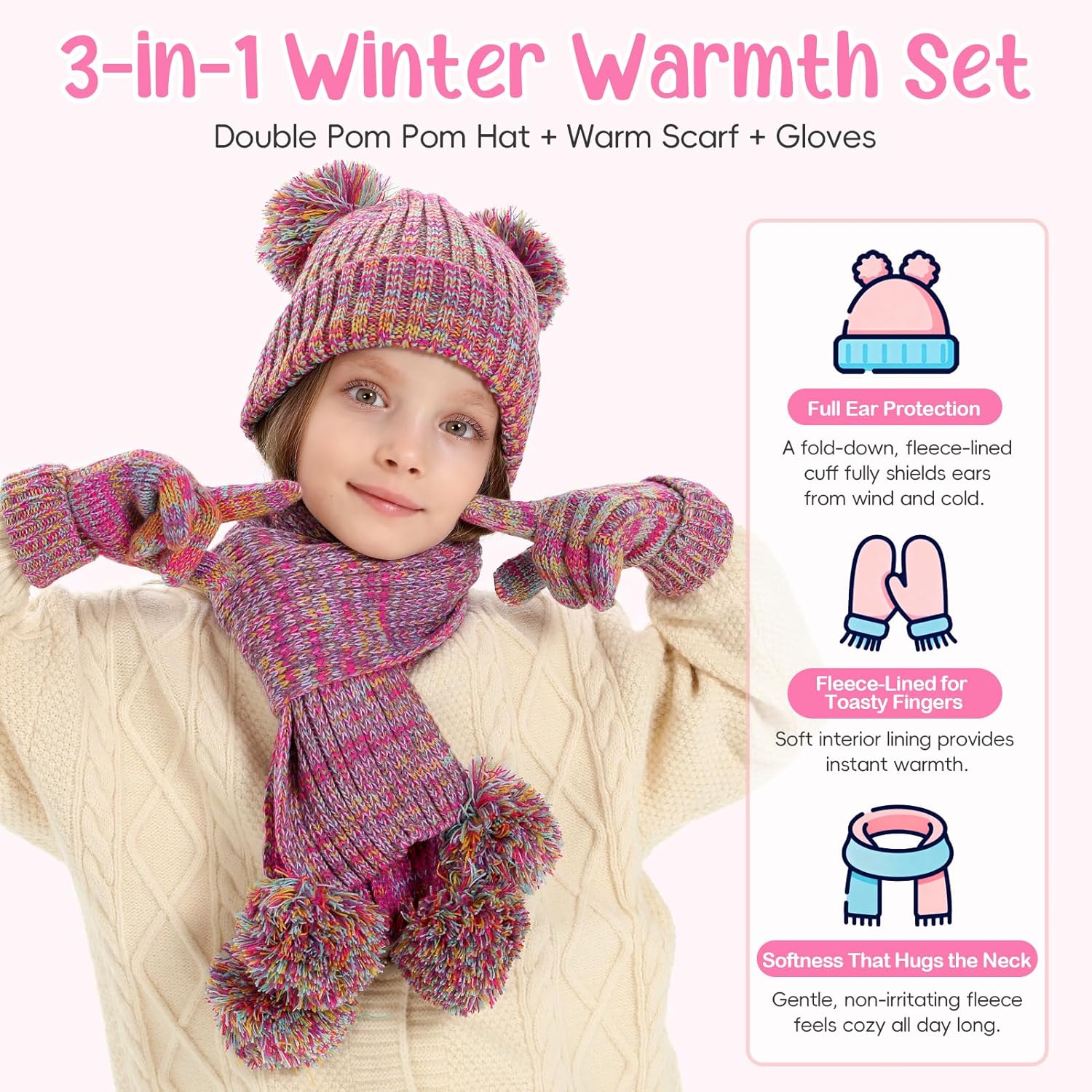 Kids Winter Hat Gloves Scarf Set, Double Pom Beanie Warmer Mittens Fleece Lined 3-Piece Set for Boys Girls - Image 4