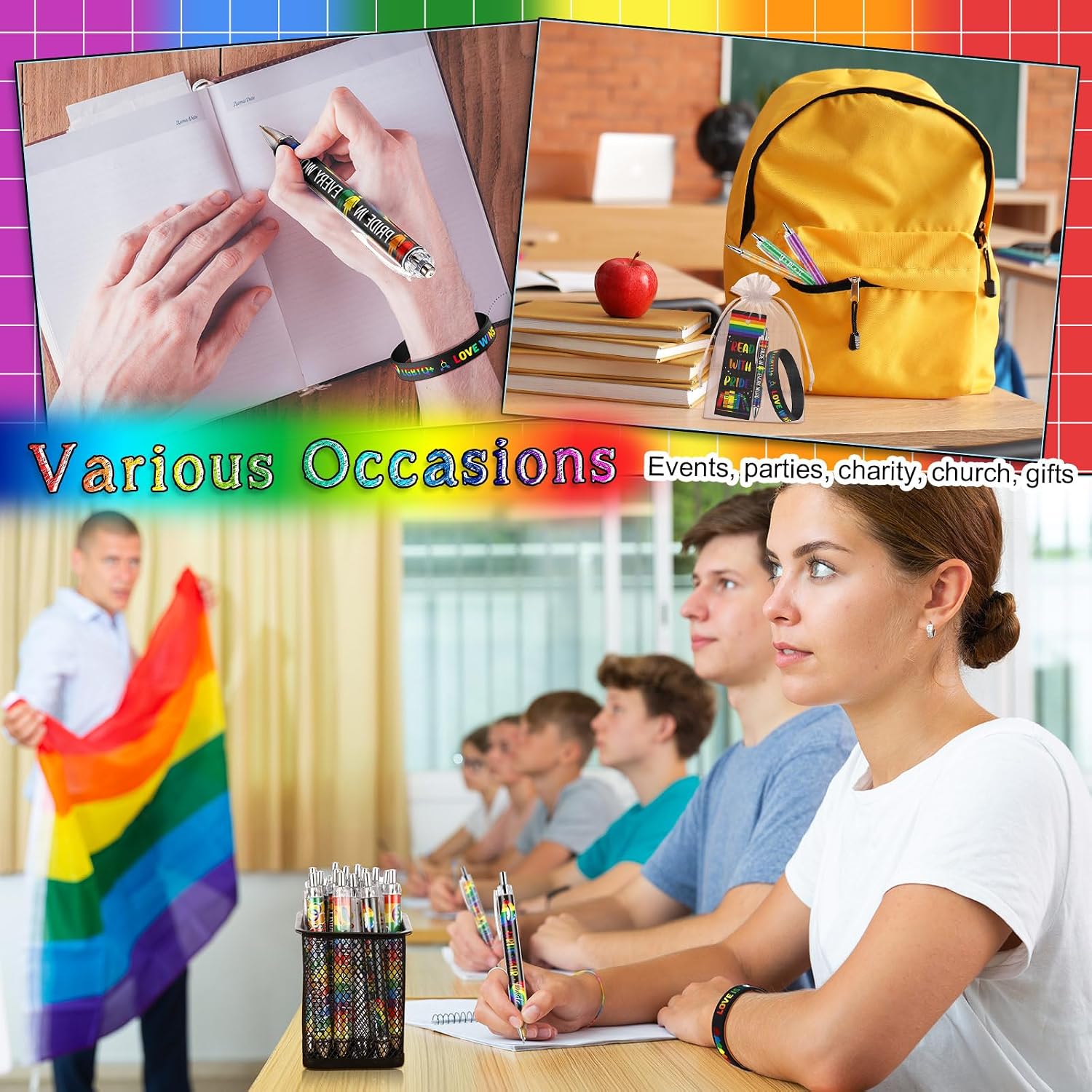 Sayglossy 60 Sets Gay Pride Gifts Bulk Rainbow Silicone Bracelets with Bookmarks and Love is Love Pens for LGBTQ Lesbian Support Party Favor Parade Events Accessories