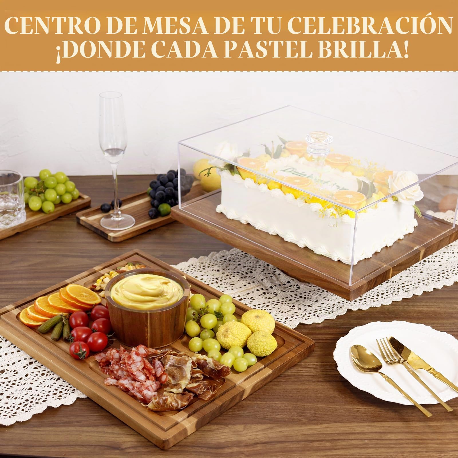 Soporte para tartas de madera de acacia con tapa, bandeja multifuncional para tartas con pie, tabla de servir y pantalla de postre, cubierta de cúpula de acrílico irrompible, placa de carcutería para