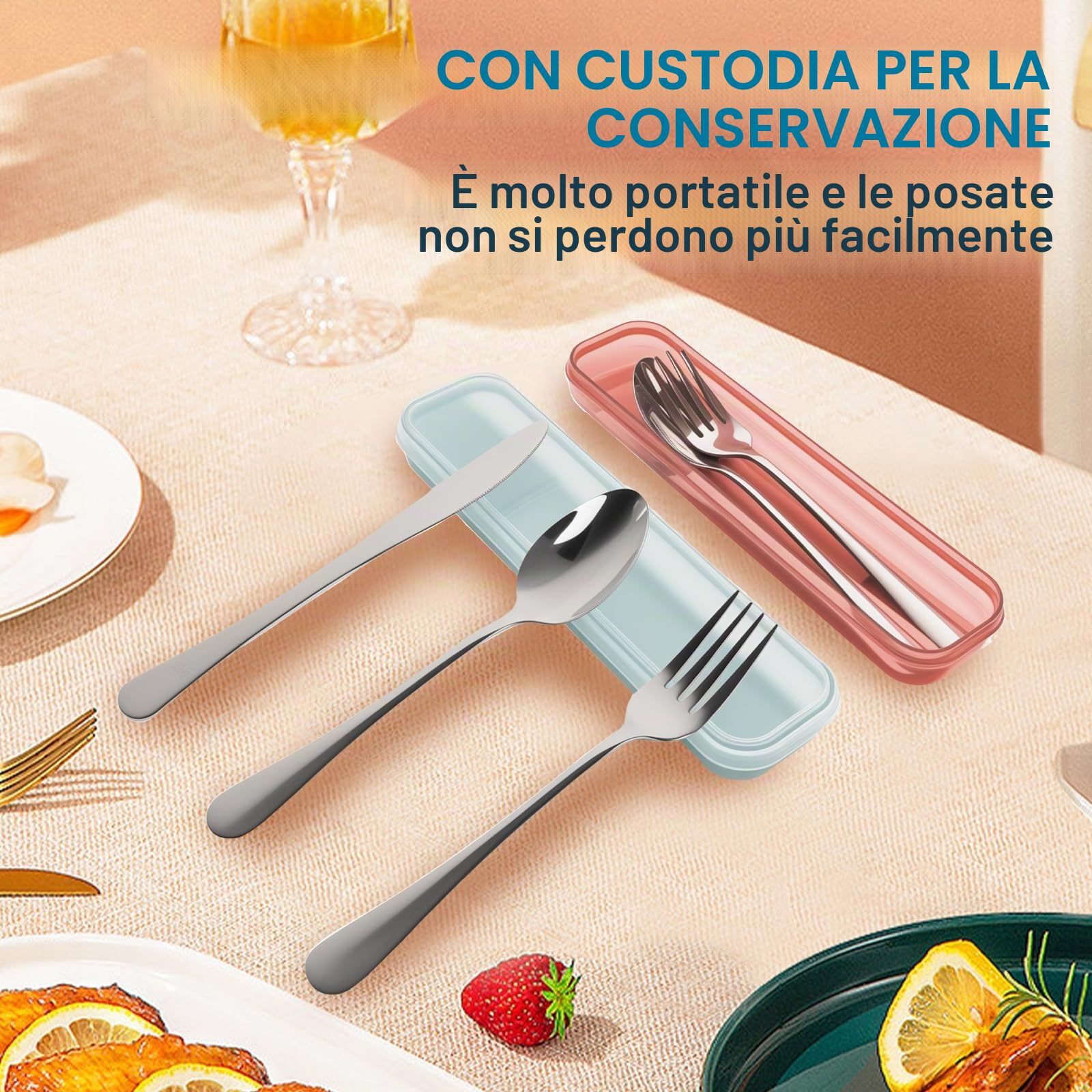 Set di stoviglie da campeggio per 2 persone, posate da viaggio in acciaio inox con custodia, cucchiaio, forchetta, coltello, posate da campeggio per viaggi, attività （Nero Verde）