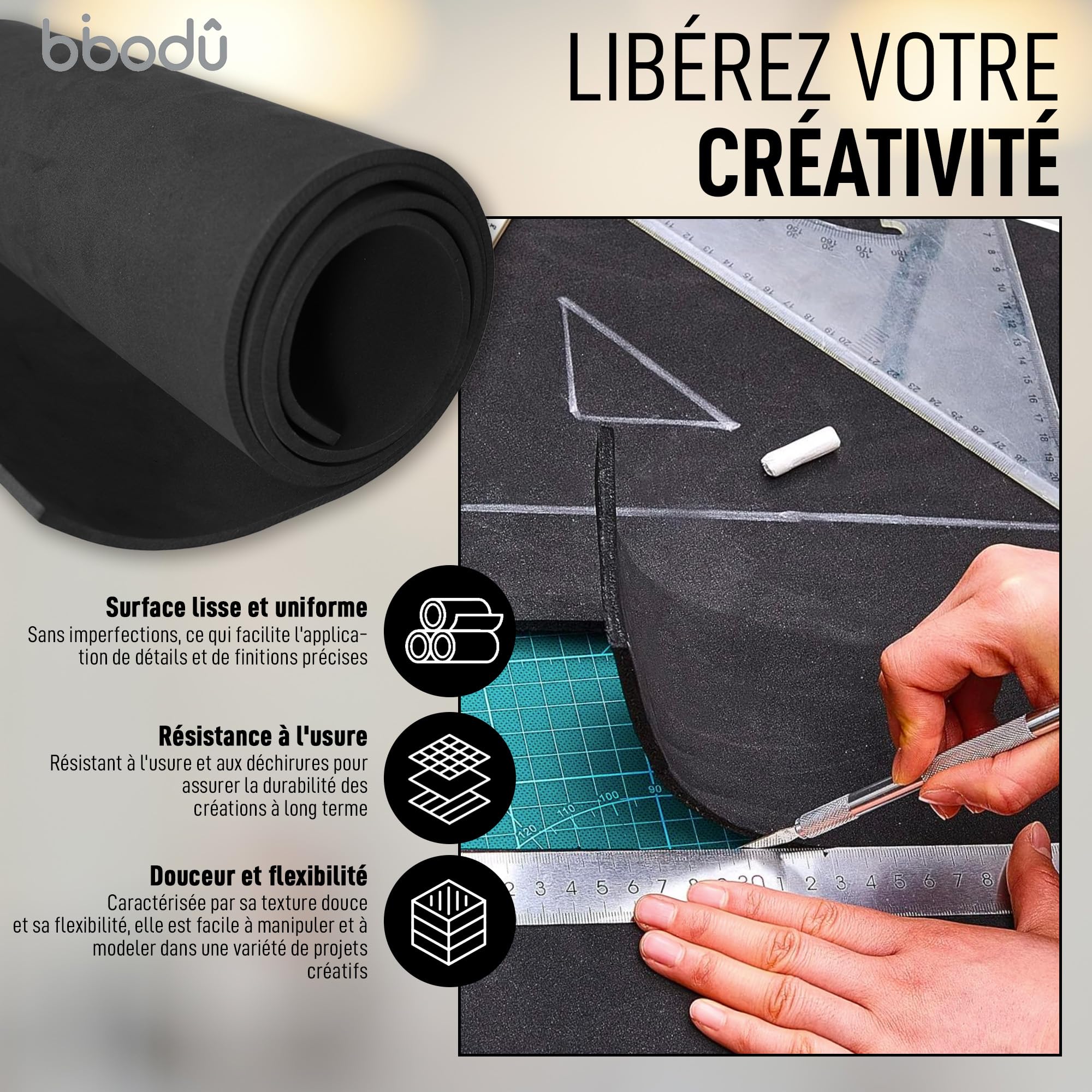 BIBODU Lot 2 Rouleaux Mousse EVA Noire 5mm | Dimensions 150 cm x 32 cm, Densité 80 kg/m3 | Mousse Eva Noir pour Bricolage DIY, Costumes Cosplay, Halloween | Convient aux Enfants et aux Filles