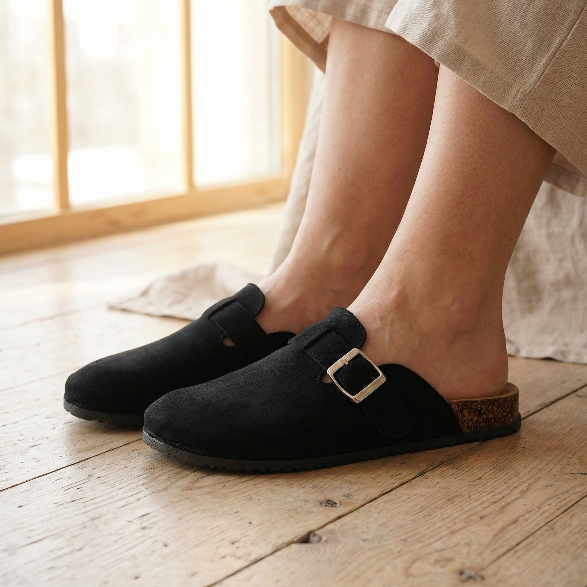 GLAMORA Zuecos Mujer Cerrados con Hebilla Ajustable, Ante, Planos, Cómodos, Casual, Plantilla Anatómica de Corcho, Suela Antideslizante, Sin Cordones