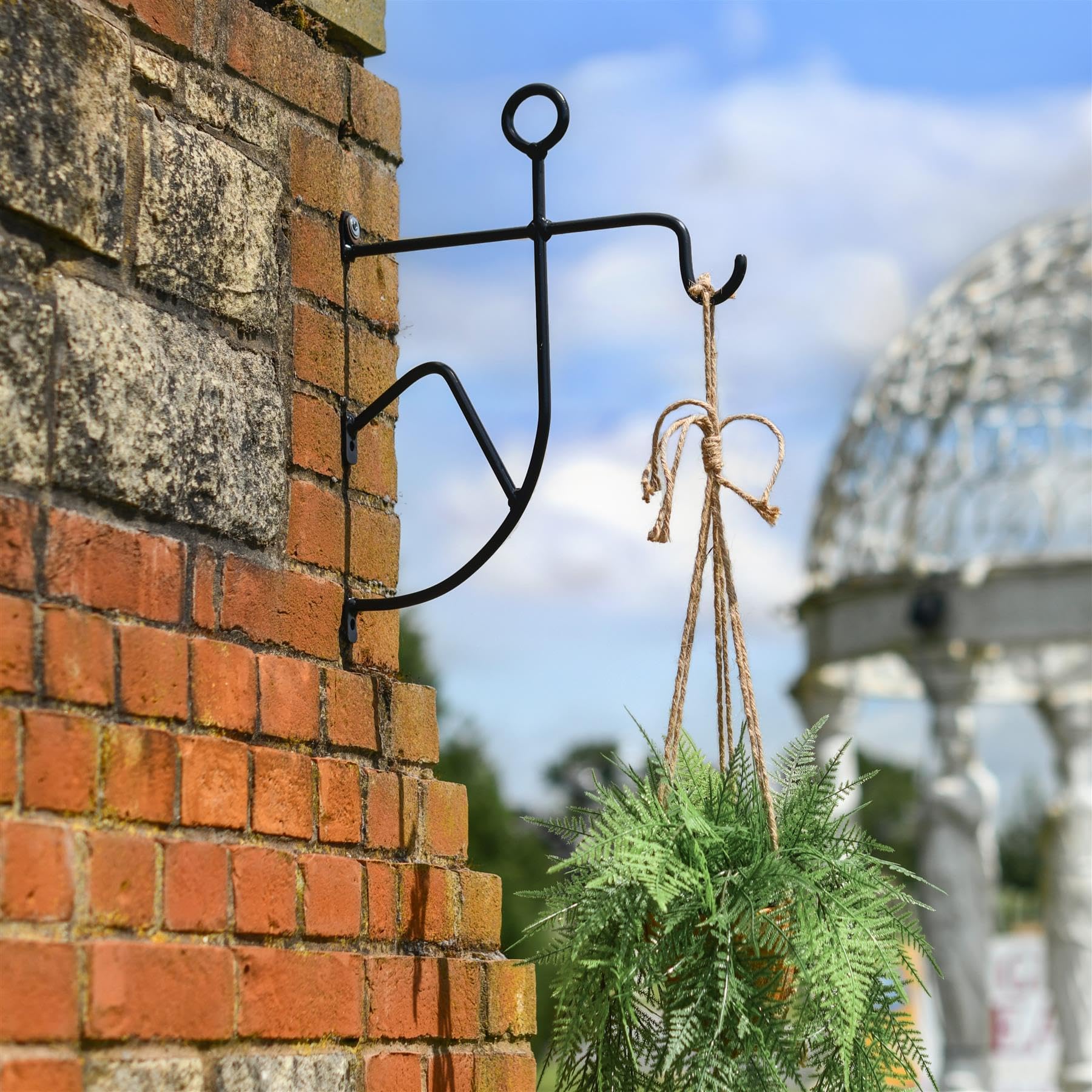 Black Country Metal Works Black Steel Stickman Hanging Basket Bracket - Wall Mounted Garden Plant Hook For Outdoor Baskets, Decorative Heavy Duty Garden Wall Hook