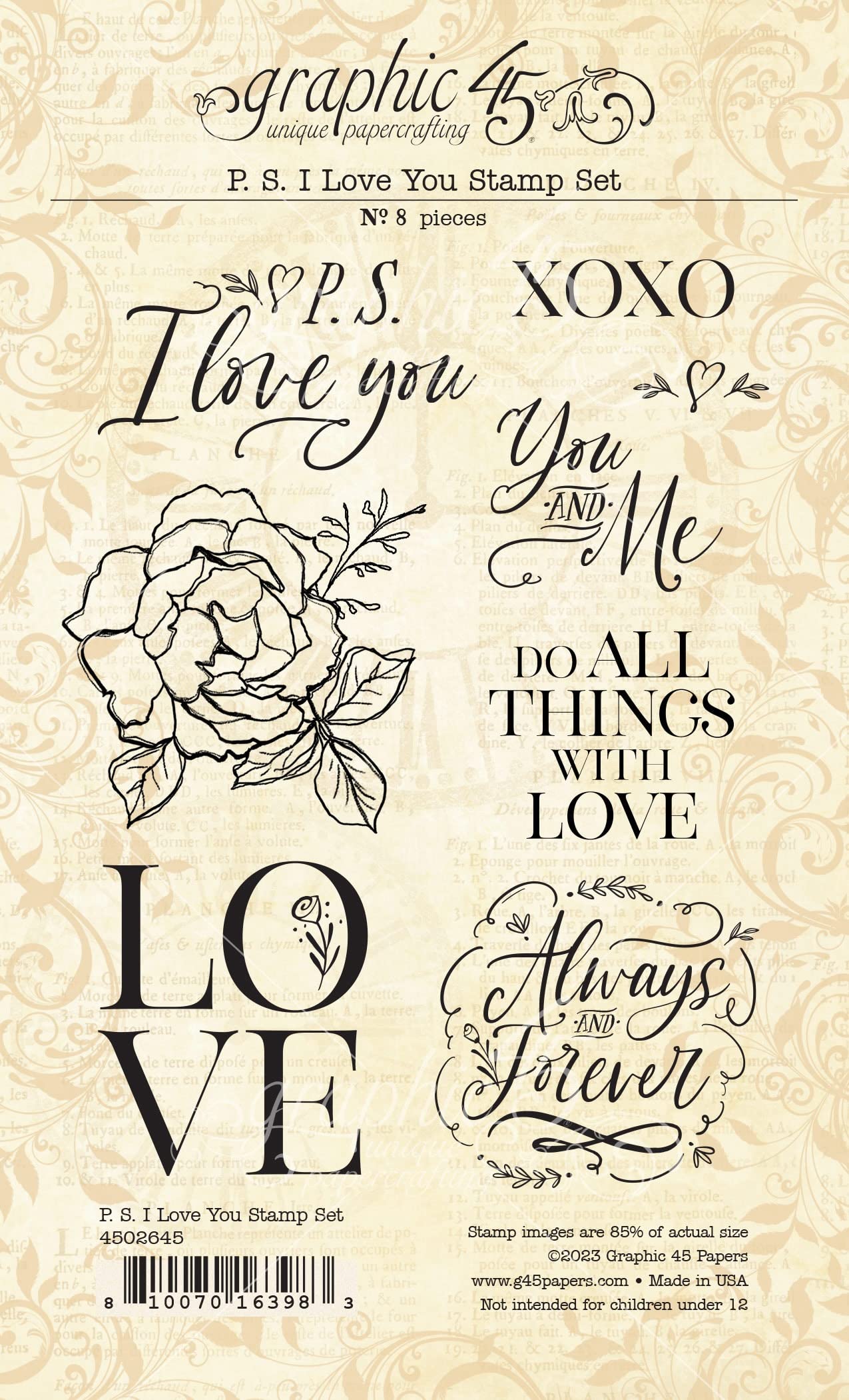 GRAPHIC 45 P.S. I Love You Stamp Set, White