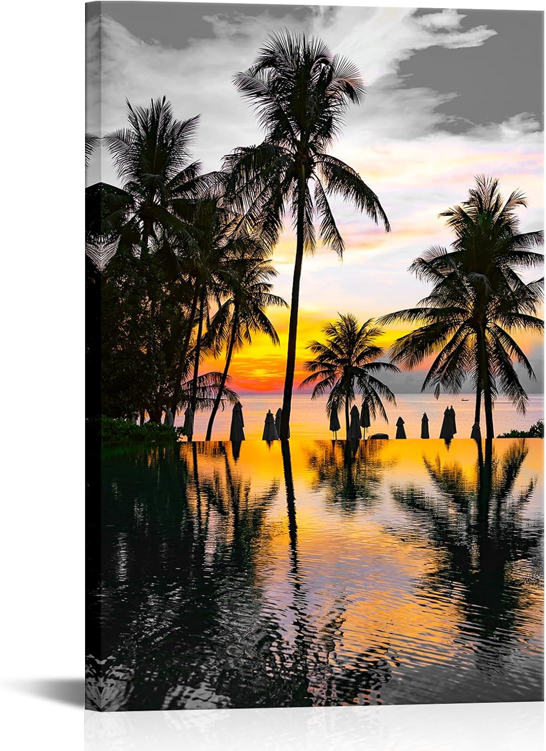OuElegent Palm Tree Canvas Wall Art Infinity Pool Sunset Landscape Picture Print Seascape Artwork For Hotel Home Living Room Bathroom Decor