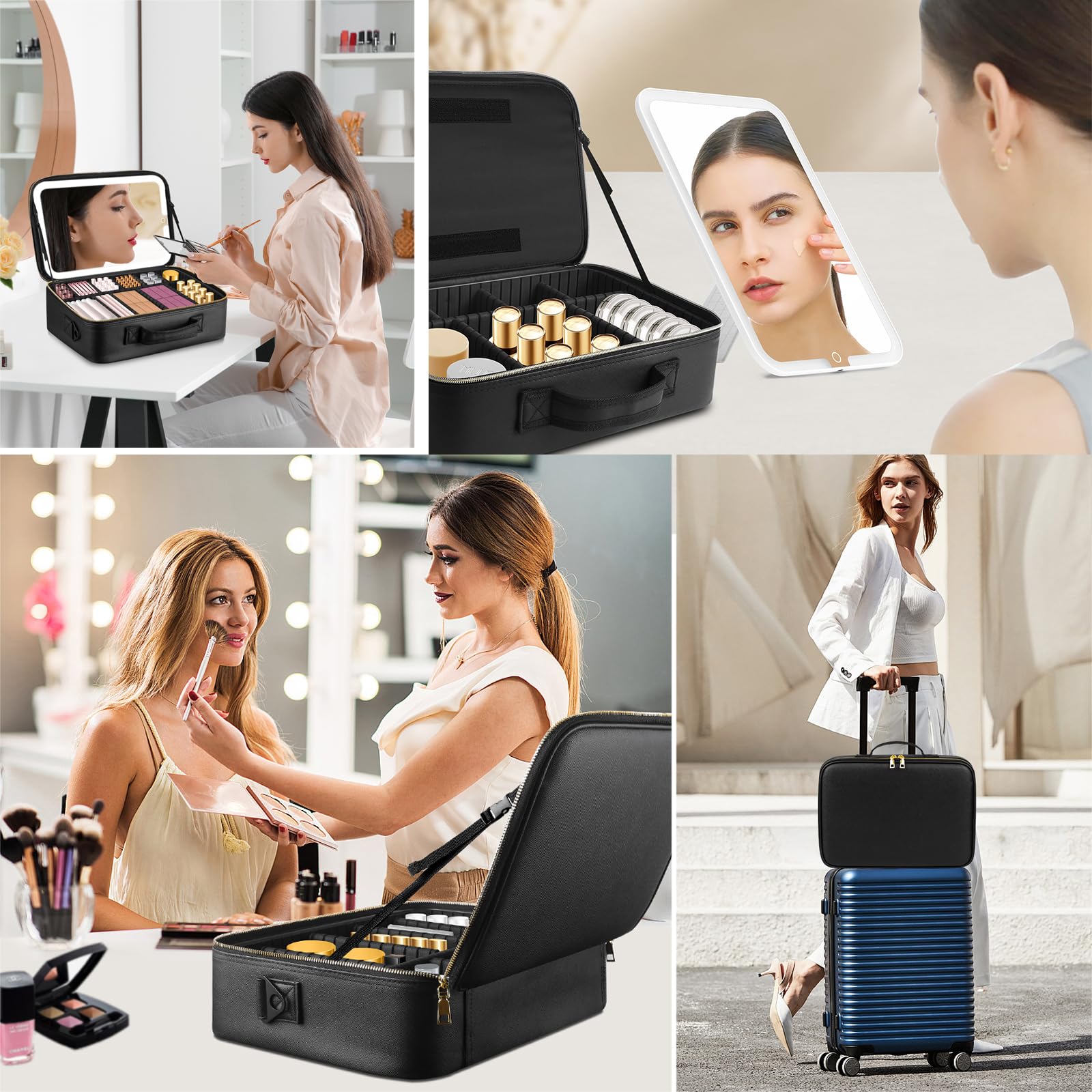 Trousse de Maquillage avec Miroir LED Amovible, Grand 38X28cm Professionnel Sac de cosmétiques de Voyagea de Lumineux, boîtier de Maquillage avec Miroir éclairé, 3 Modes d'éclairage,Cuir PU
