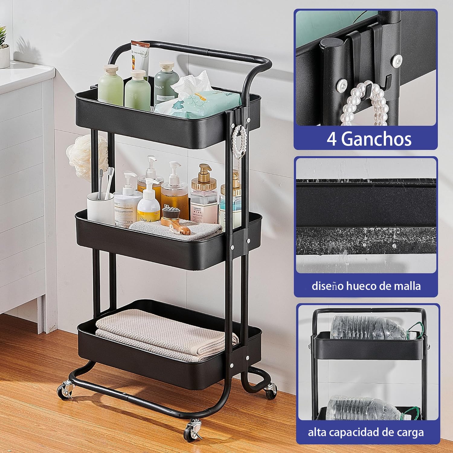 carrito auxiliar con ruedas,carrito organizador de cocina multiusos extraíble, Adecuado para baño y cocina, Negro