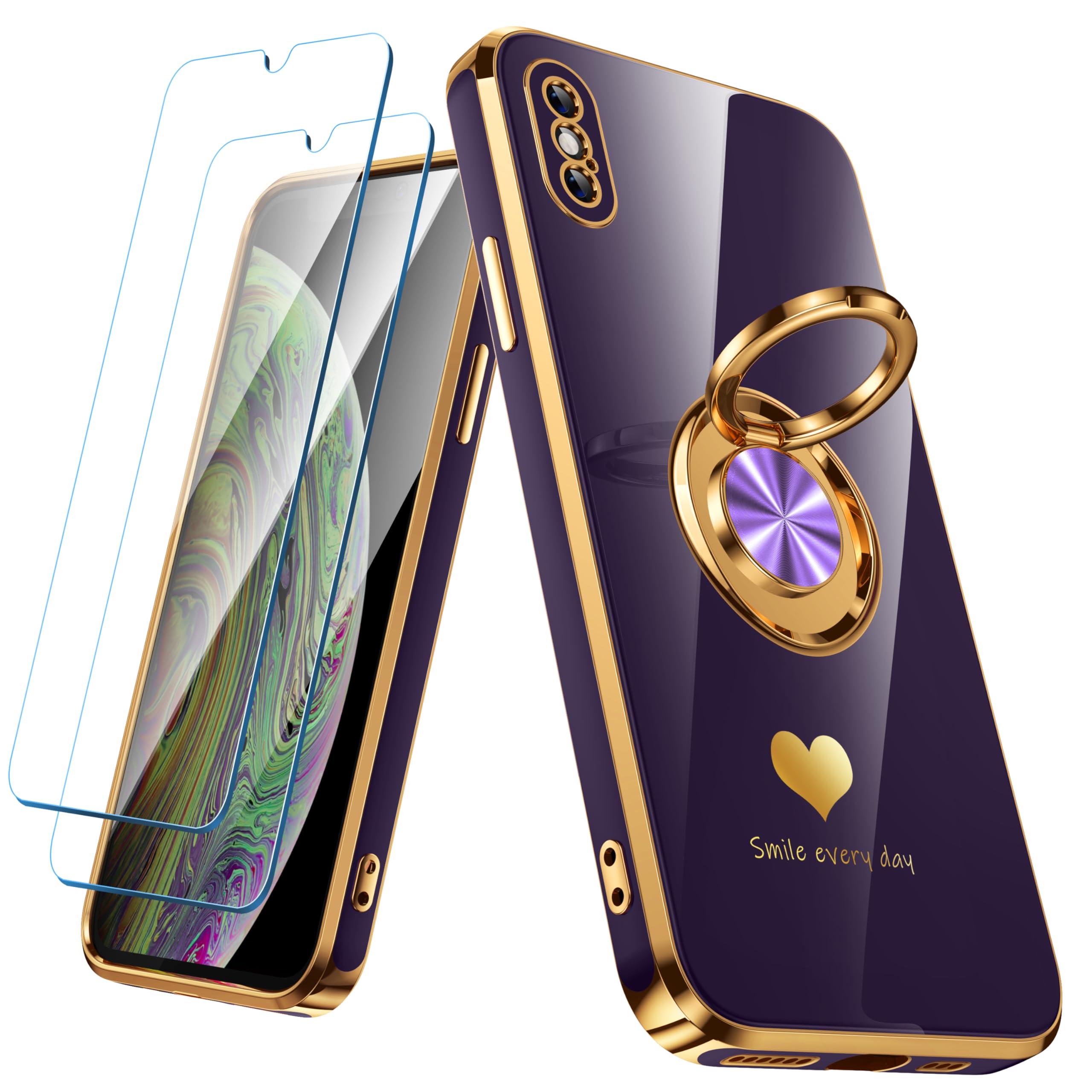 Nonional Compatible for iPhone X/XS Case with 2 Pack Screen Protector, 360° Rotatable Ring Holder [Luxury Hearts Pattern] Plating Gold Edge Slim Soft