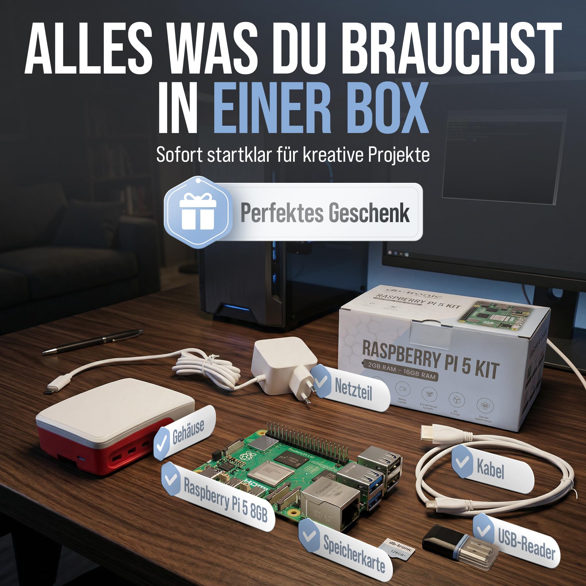 Raspberry Pi 5 8GB Starter Set 128GB Edition Netzteil 27W Gehäuse mit Lüfter 4K Micro HDMI Kabel