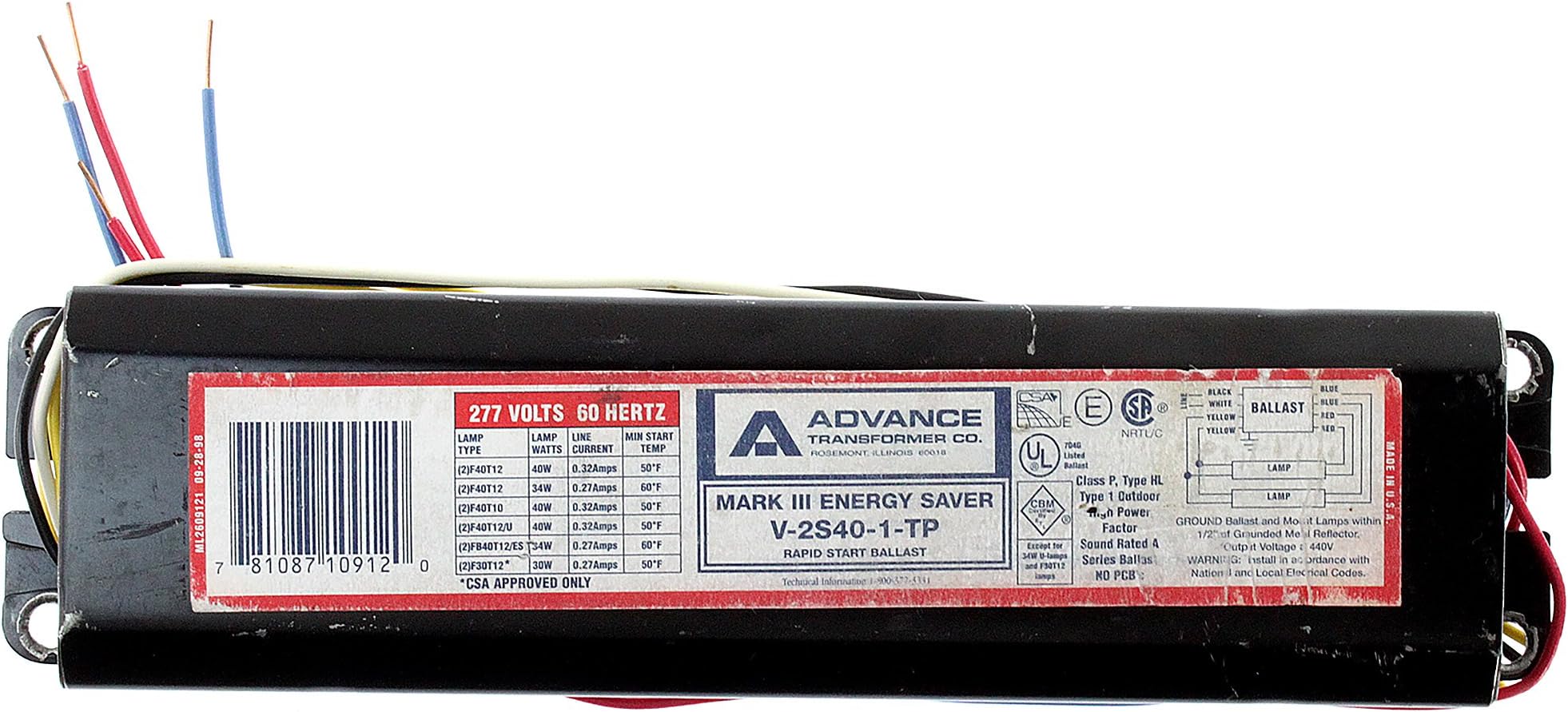Advance V-2S40-1-TP Mark III Energy Saver Rapid Start Ballast 277V 60Hz