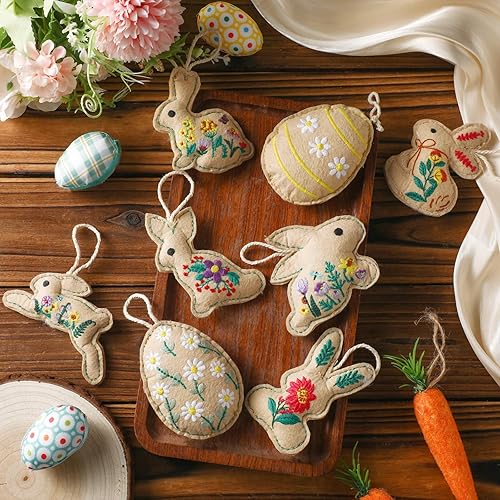 Syhood 8 Pcs Easter Bunny Hanging Ornaments Vintage Embroidery Rabbit
