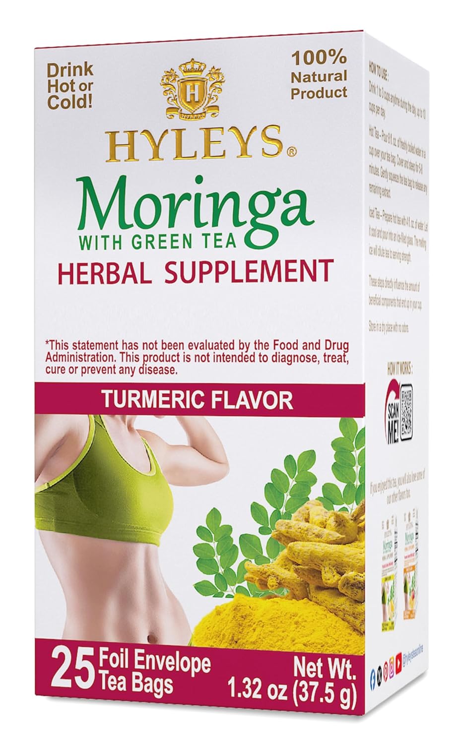 Hyleys Moringa Oleifera and Green Tea Turmeric Flavor - 25 Tea Bags (6 Pack - 150 Tea Bags Total) - Superfood Miracle Tree Tea with Dried Moringa Oleifera Leaves