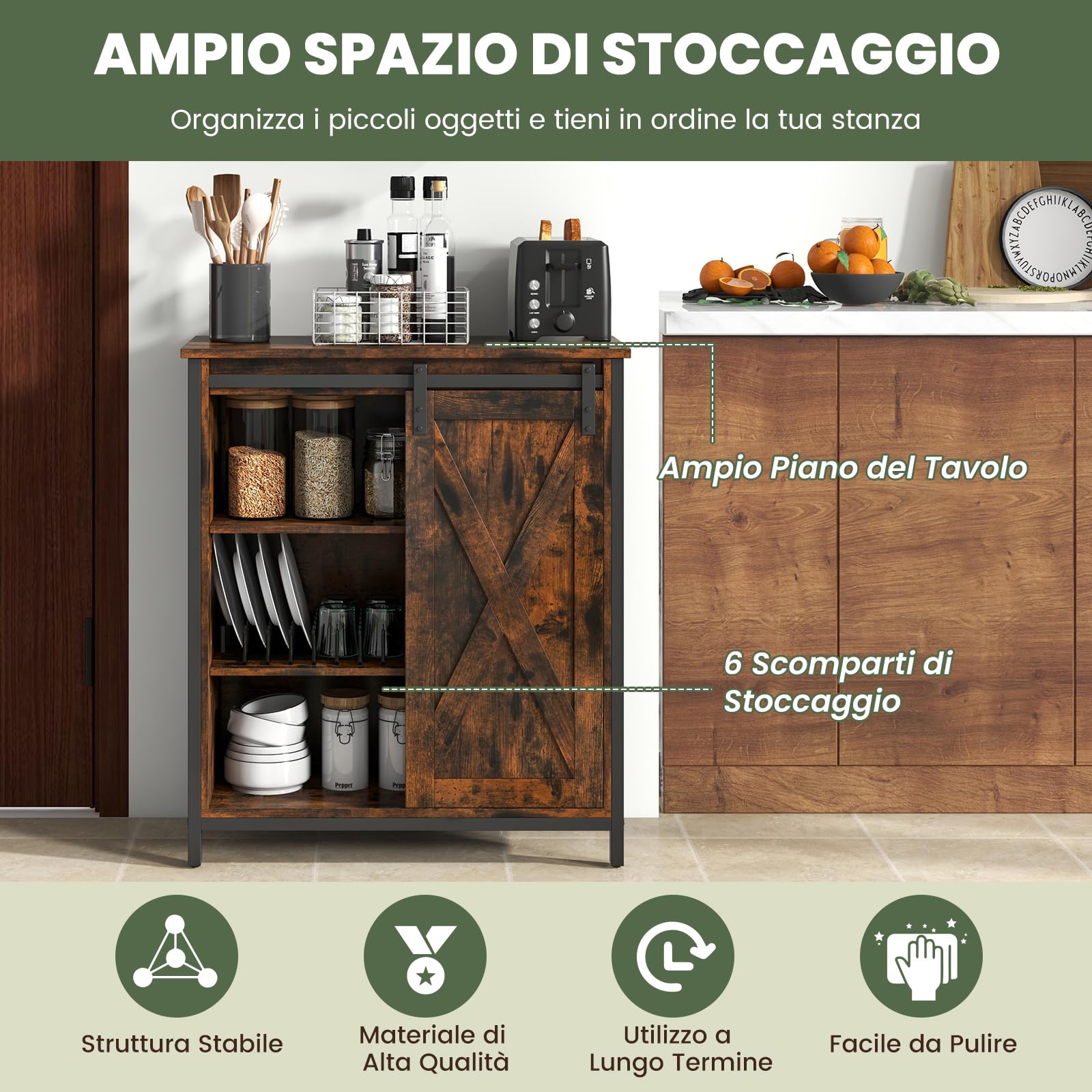RELAX4LIFE Credenza a Buffet con Anta Scorrevole, Mobile da Cucina con 4 Ripiani Regolabili, Kit Anti-ribaltamento, Mobile Bar in Stile Rustico per Soggiorno, Sala da Pranzo e Ingresso