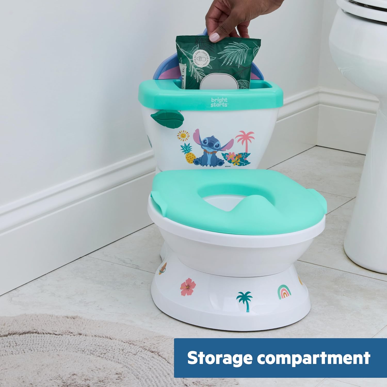 Bright Starts Disney Junior Stitch My Size Potty Training Toilet, Toddler Potty Chair with Flushing & Cheering Sounds, Removable Seat with Splash Guard & Handles, Ages 18+ Months, Up to 50 lbs