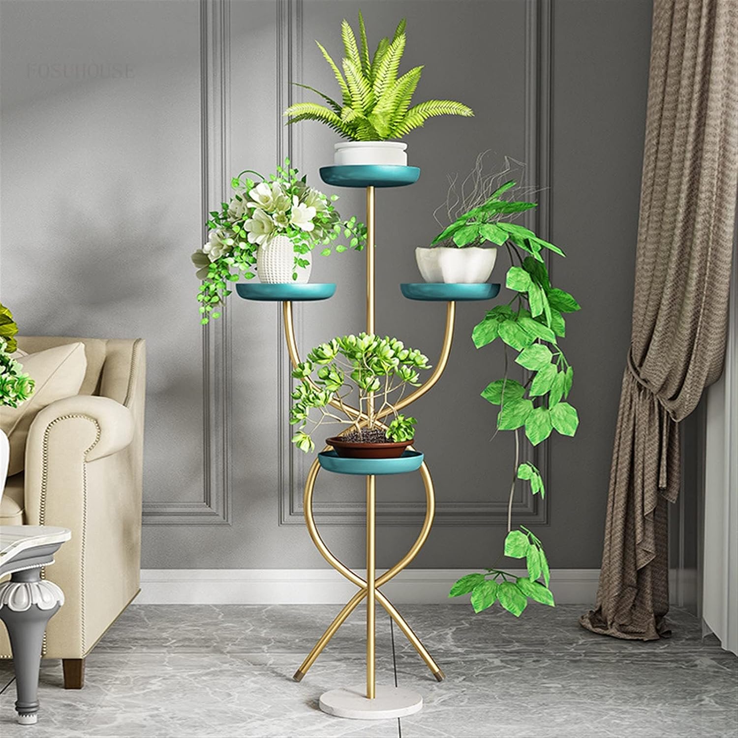 Flower Stand Nordic Wrought Iron Living Room Plant Rack Office Multi-layer Flower Stand Decoration Simple Balcony Floor-standing Plant Shelf Plant Stand(Gold and black)