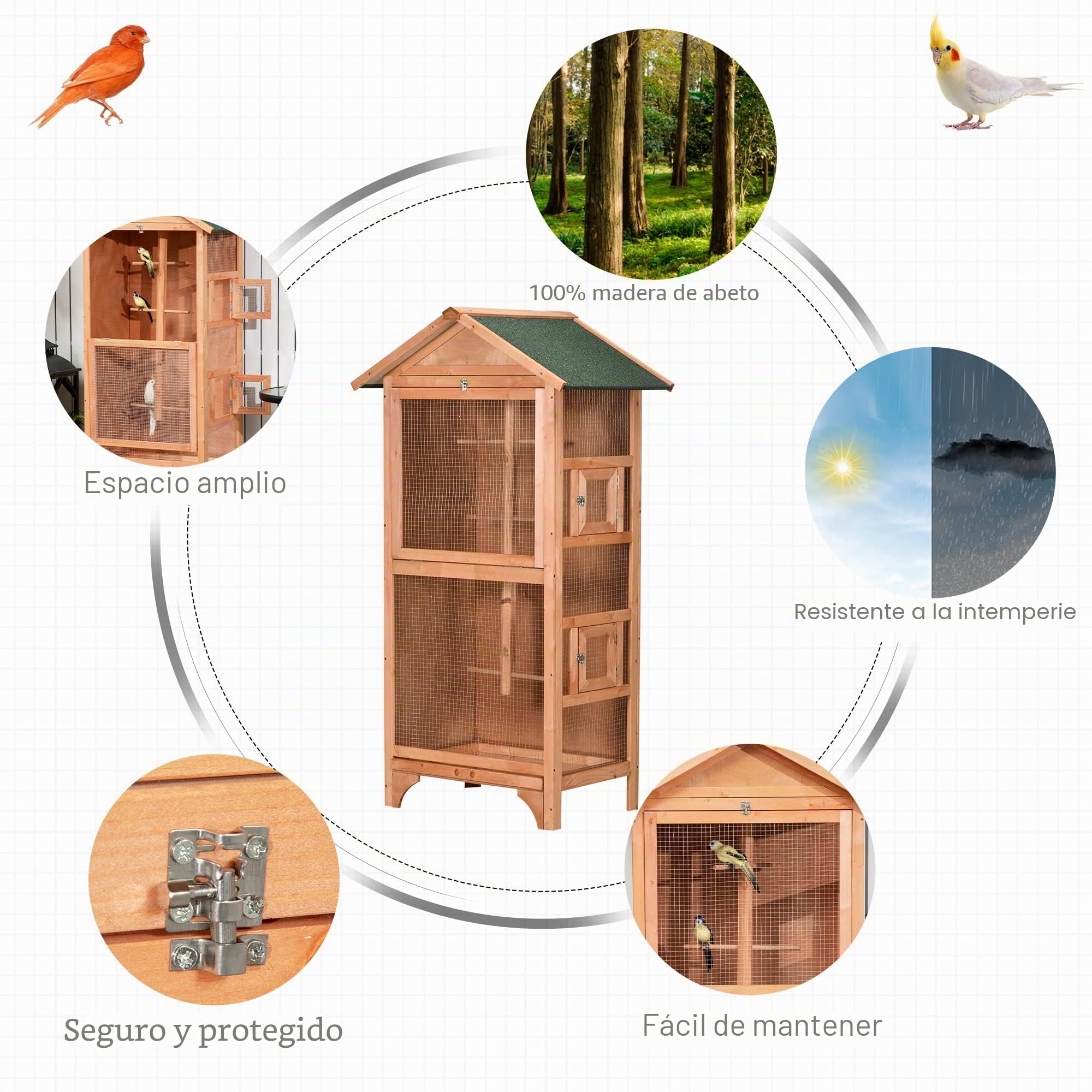 PawHut Jaula para Pájaros de Madera con 3 Puertas 80,5x57x153 cm Natural | 4 Perchas, Bandeja Extraíble, Techo Asfáltico