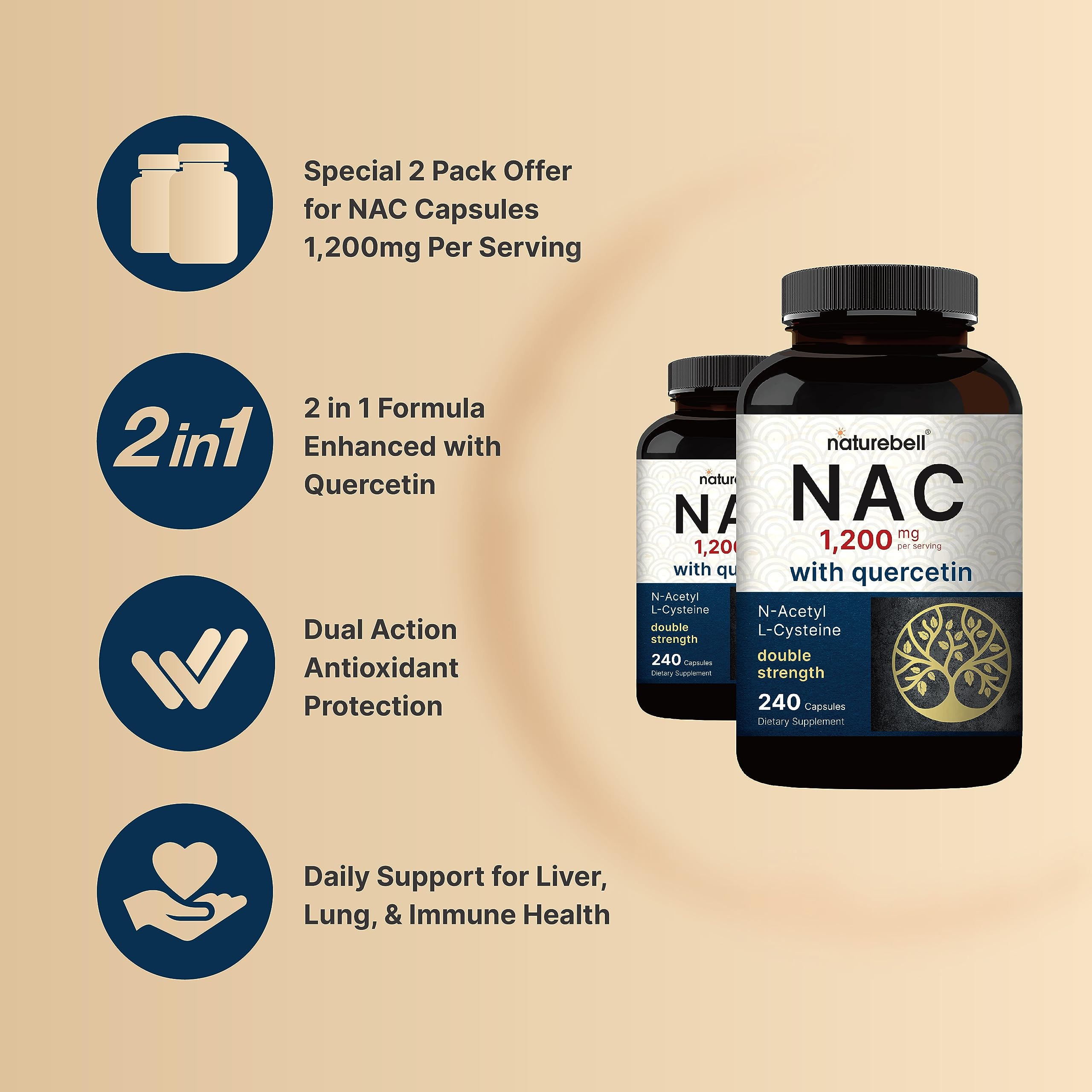 NatureBell 2 Pack NAC Supplement (N-Acetyl Cysteine) with Quercetin, 1,200mg Per Serving, 480 Capsules | Double Strength Antioxidant Support for Immune, Liver, & Lung Health – Non-GMO — Amazon image 3