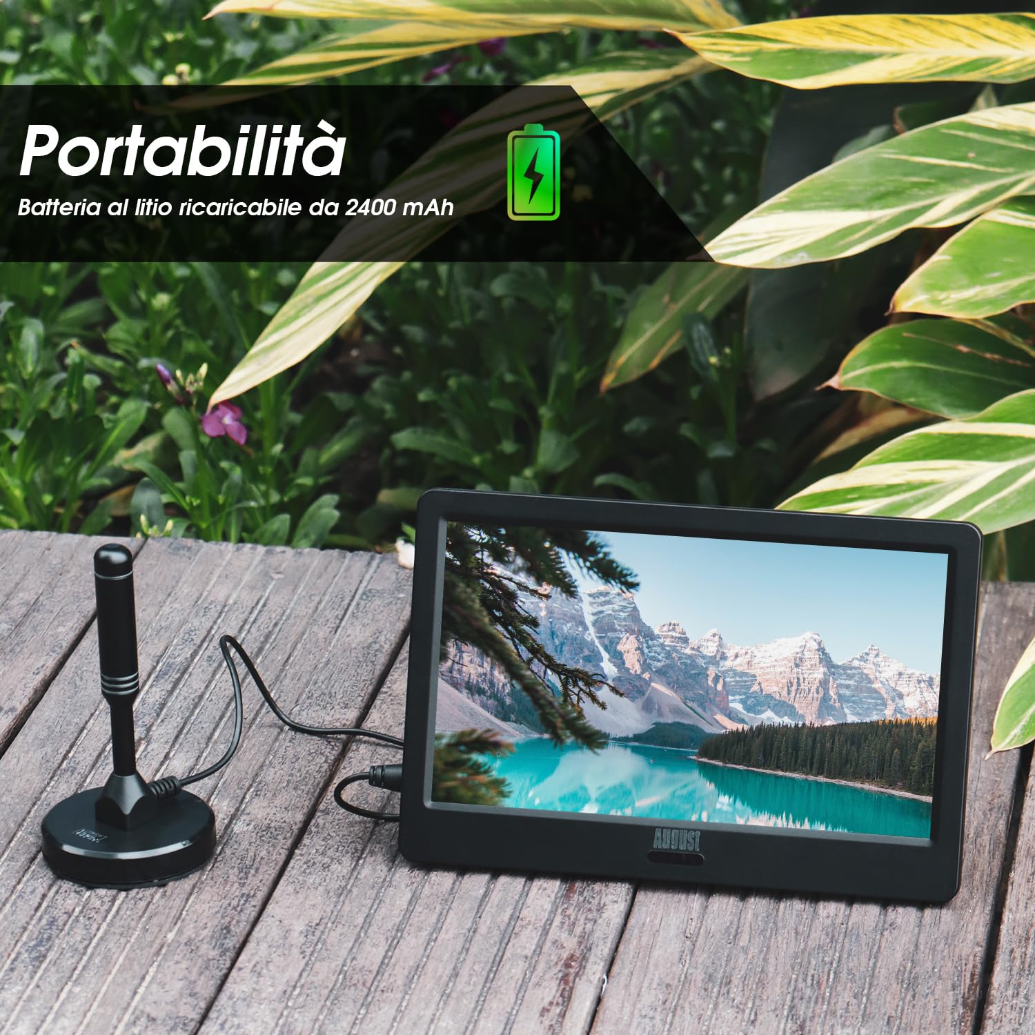 August DA900D TV portatile 9" ricaricabile Freeview HD con registratore | EPG 7 giorni e sottotitoli, lettore USB, HDMI/AVI in, audio in/out, 12V/rete, mini TV per camper e casa