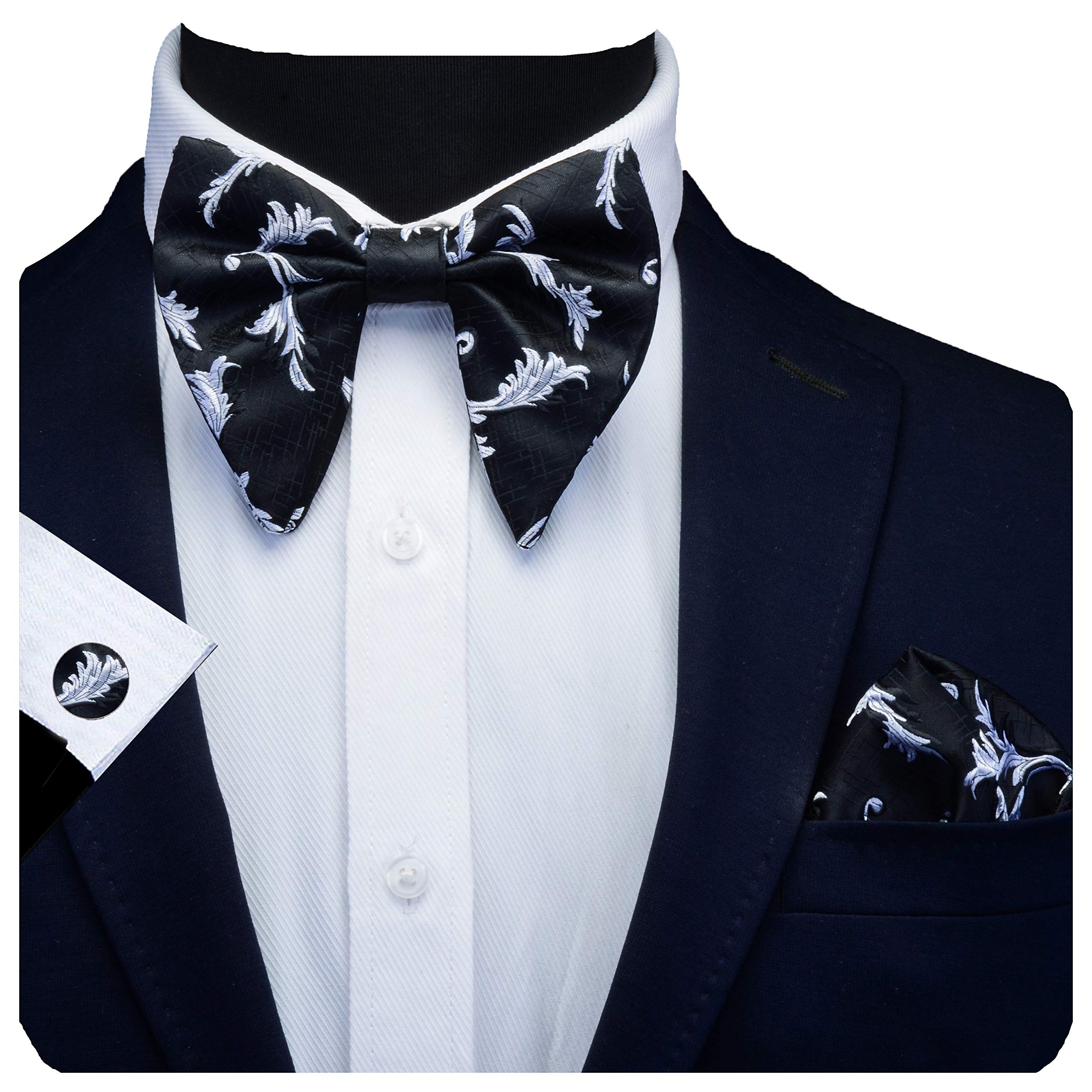 Gusleson Big Silk White Bowtie and Pocket Square Cufflink Flora Adjustable Pre-tied Black Bow Tie Set (UK0617-03)