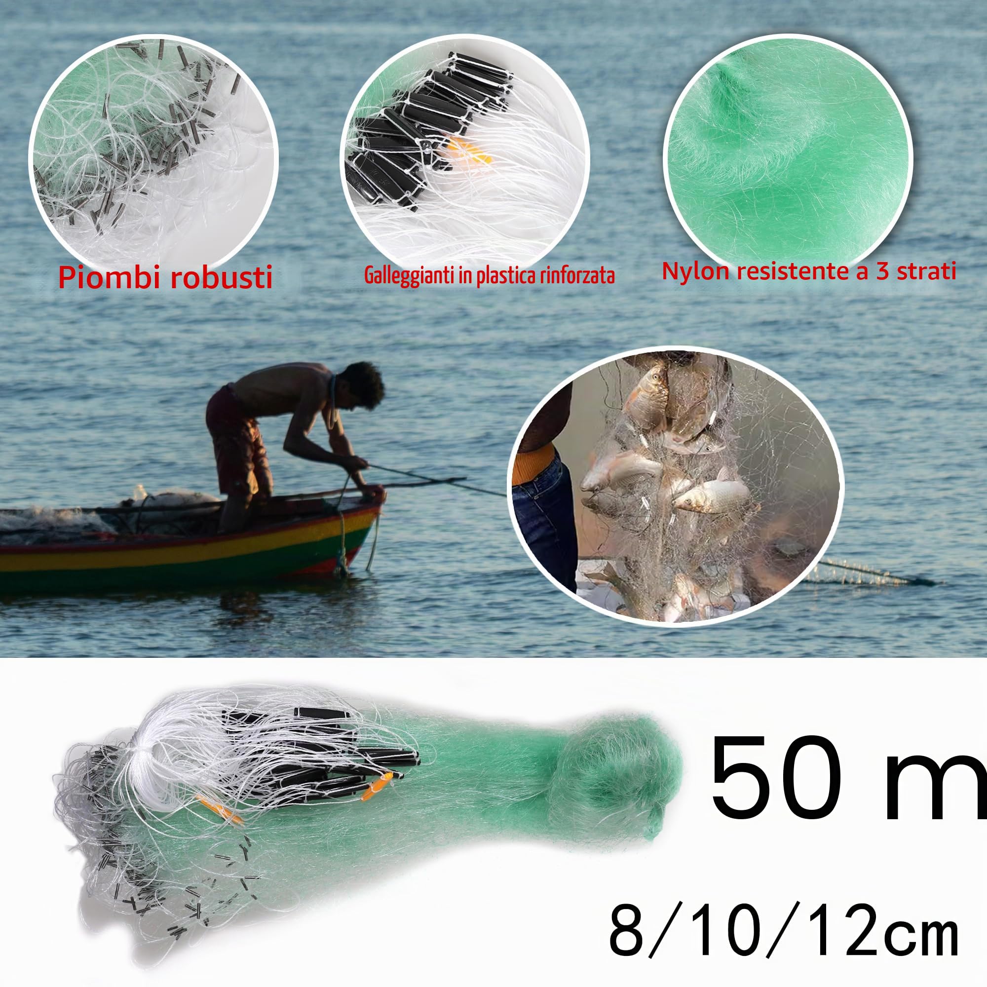 Rete da pesca a 3 strati, rete da pesca in nylon, lunghezza 50 metri, altezza 2 metri, con galleggianti e lavandini, trappola per esche pieghevole