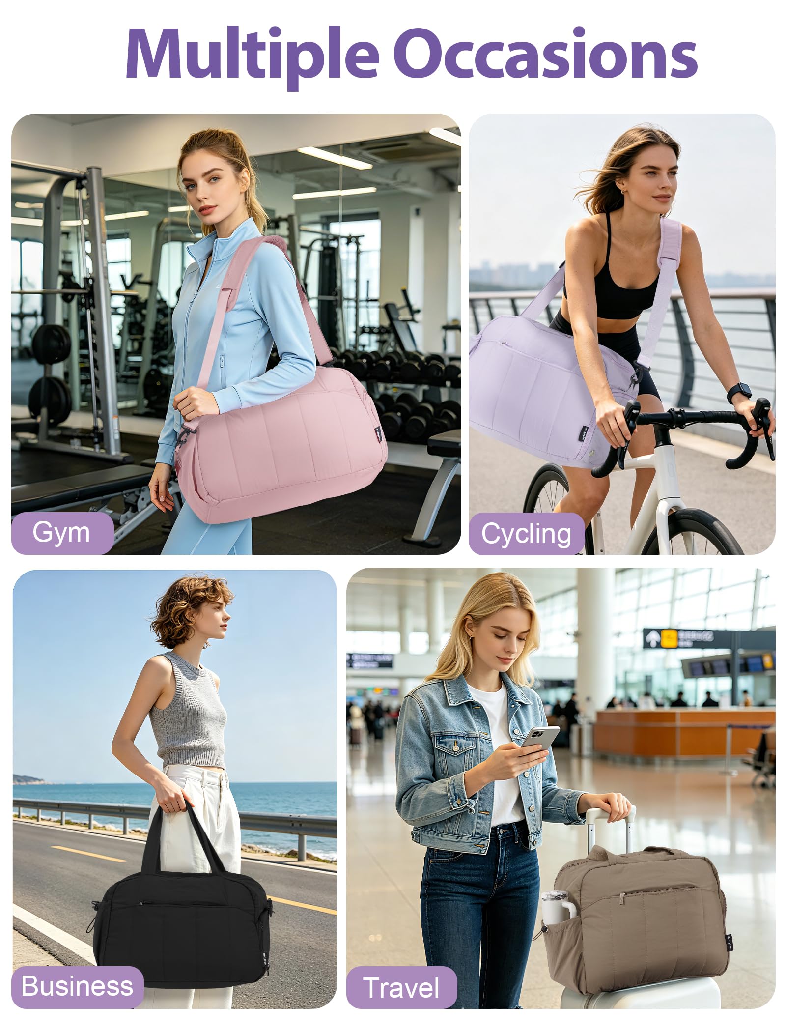 Borsone Palestra per Donna Uomo 25L 42×30×20 cm, Borsa da Viaggio Pieghevole con Scomparto Scarpe Idrorepellente, Tasca Bagnato/Asciutto, Duffle Bag Ideale per Piscina, Parto e Ospedale Viola