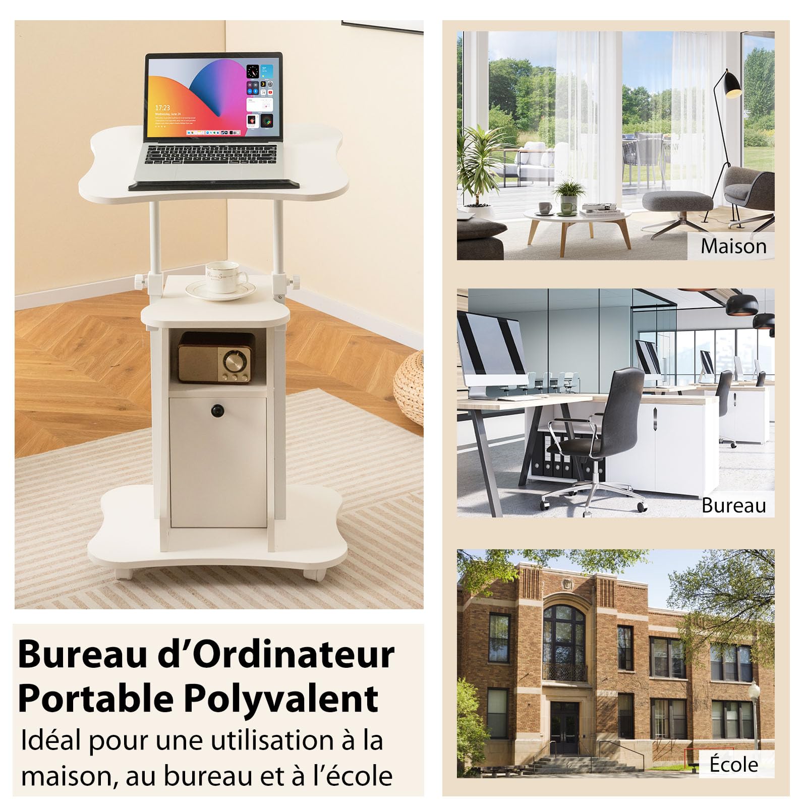 GYMAX Podium Roulant pour Ordinateur, Pupitre Plateau Inclinable 180°, Hauteur Réglable, Compartiments de Rangement, roulettes Verrouillables, Bureau Assis-Debout pour Maison, Bureau, École (Blanc)