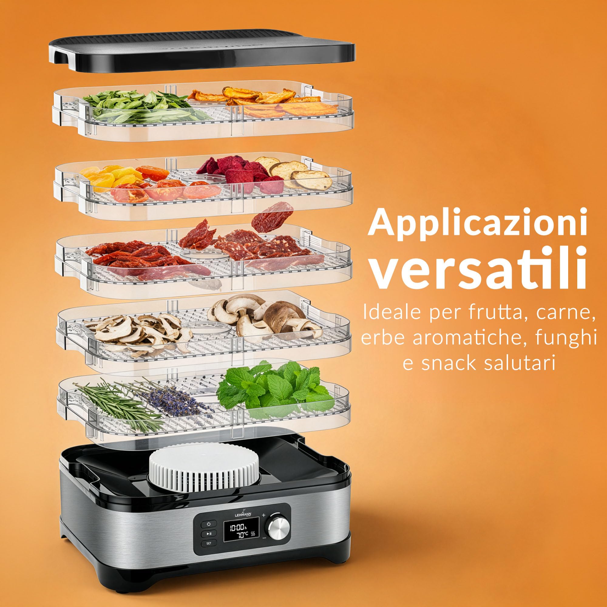 LEHMANN Essiccatore Alimentare, 5 Vassoi Regolabili in Altezza, Regolazione Temperatura 35-70°C, Timer 24h, BPA Free, Acciaio Inox, Essiccatore per Alimenti, Funghi, Frutta, Carne e Verdura