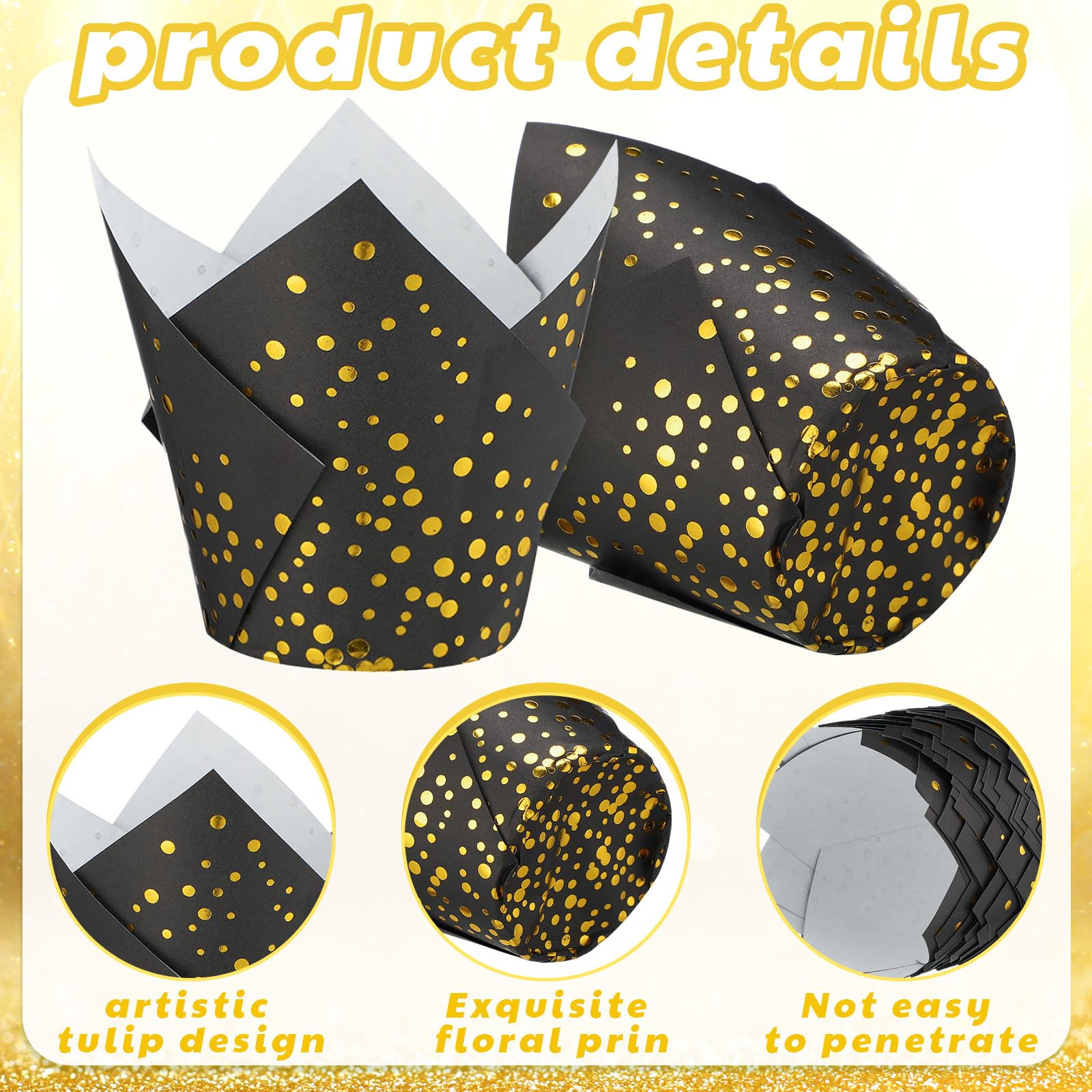 Gerrii 200 moldes de papel para cupcakes de tulipán, envoltorios para cupcakes, fiestas de té, mini bandejas para magdalenas, bodas, fiestas de novia, baby shower, decoración (lunares dorados negros)