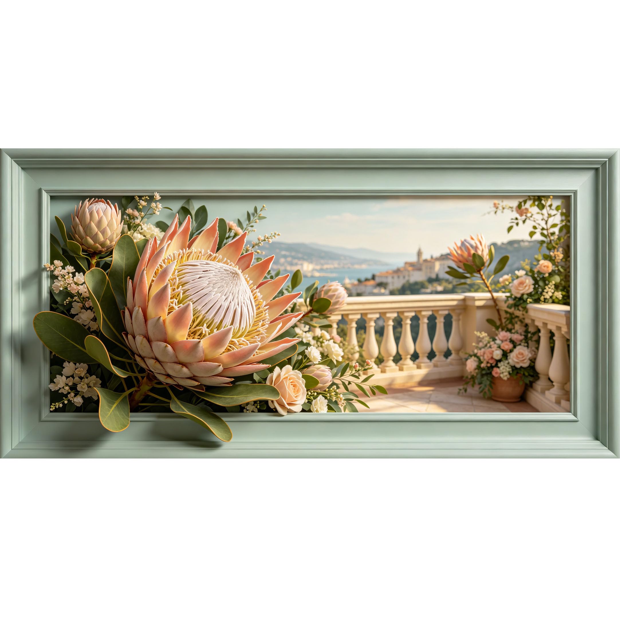 Agglomerix 3D Framed Wall Art Coastal Botanical Balcony Flowers Protea Roses Ocean View Large Size Self-Adhesive Removable Wall Decor Prints Artwork for Living Room Bedroom Office