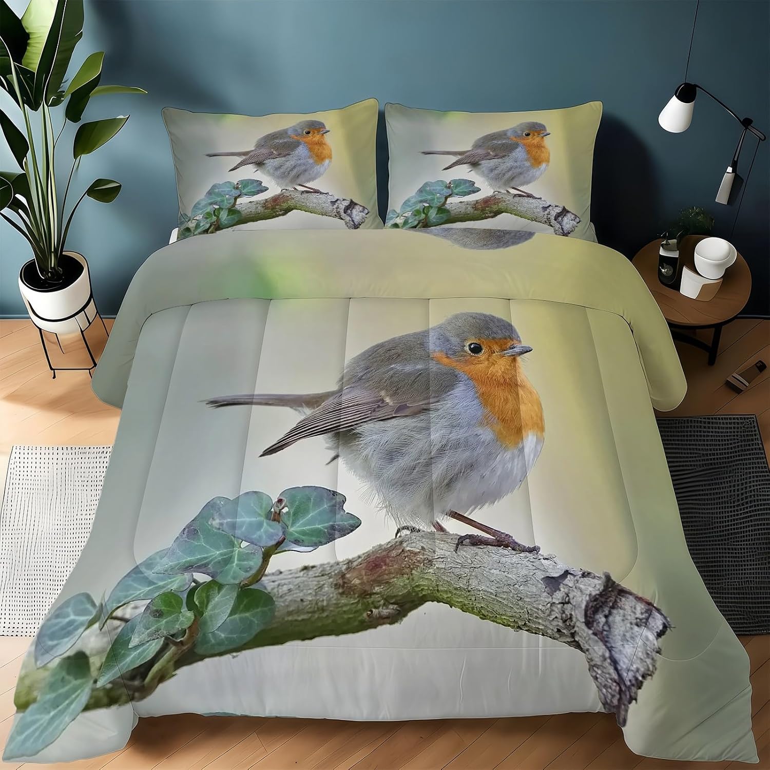 Robin Twin Comforter Set, Green Twin Comforter Luxury Soft Microfiber Fluffy Printing Duvet Insert, Quilt with 2 Pillowcases for Kids and Adults YUb2720