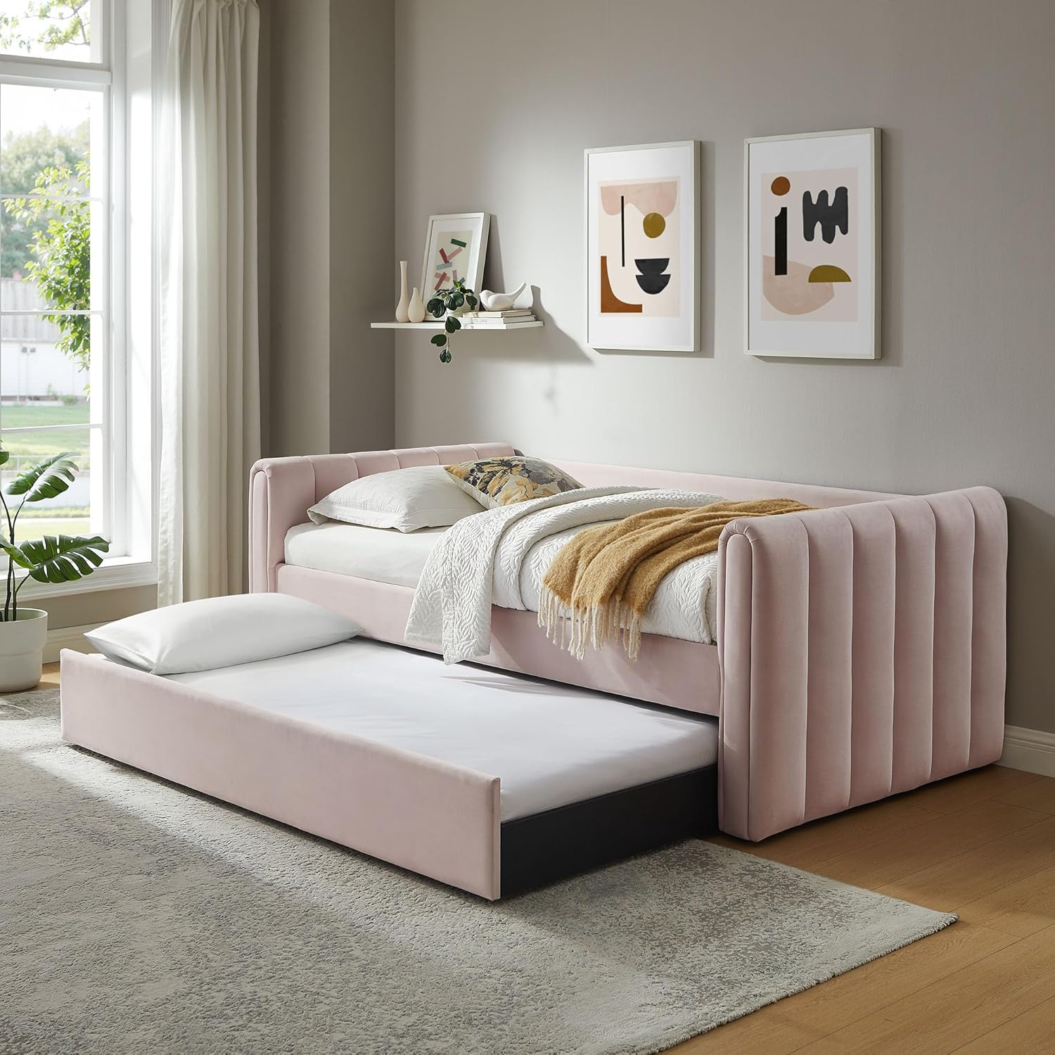 Veyla Twin Size Performance Velvet Daybed in Pink with Trundle – Channel Tufted Upholstered Sofa Bed with Wood Slat Support
