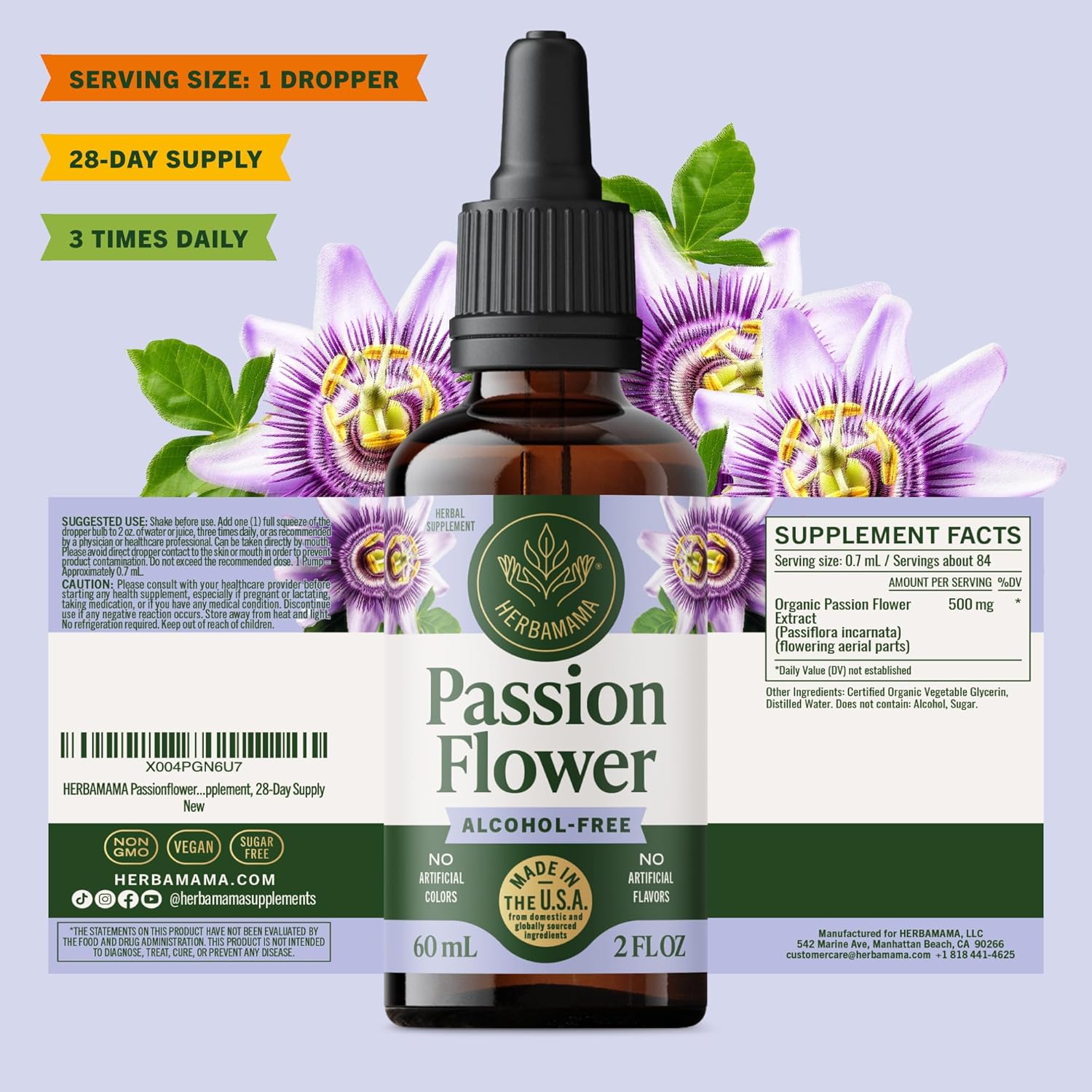 HERBAMAMA Passionflower Tincture - Vegan Women's Mood Support with Passion Flower Extract Drops - Non-GMO, Alcohol & Sugar-Free Liquid Calming Supplement, 28-Day Supply - Image 8