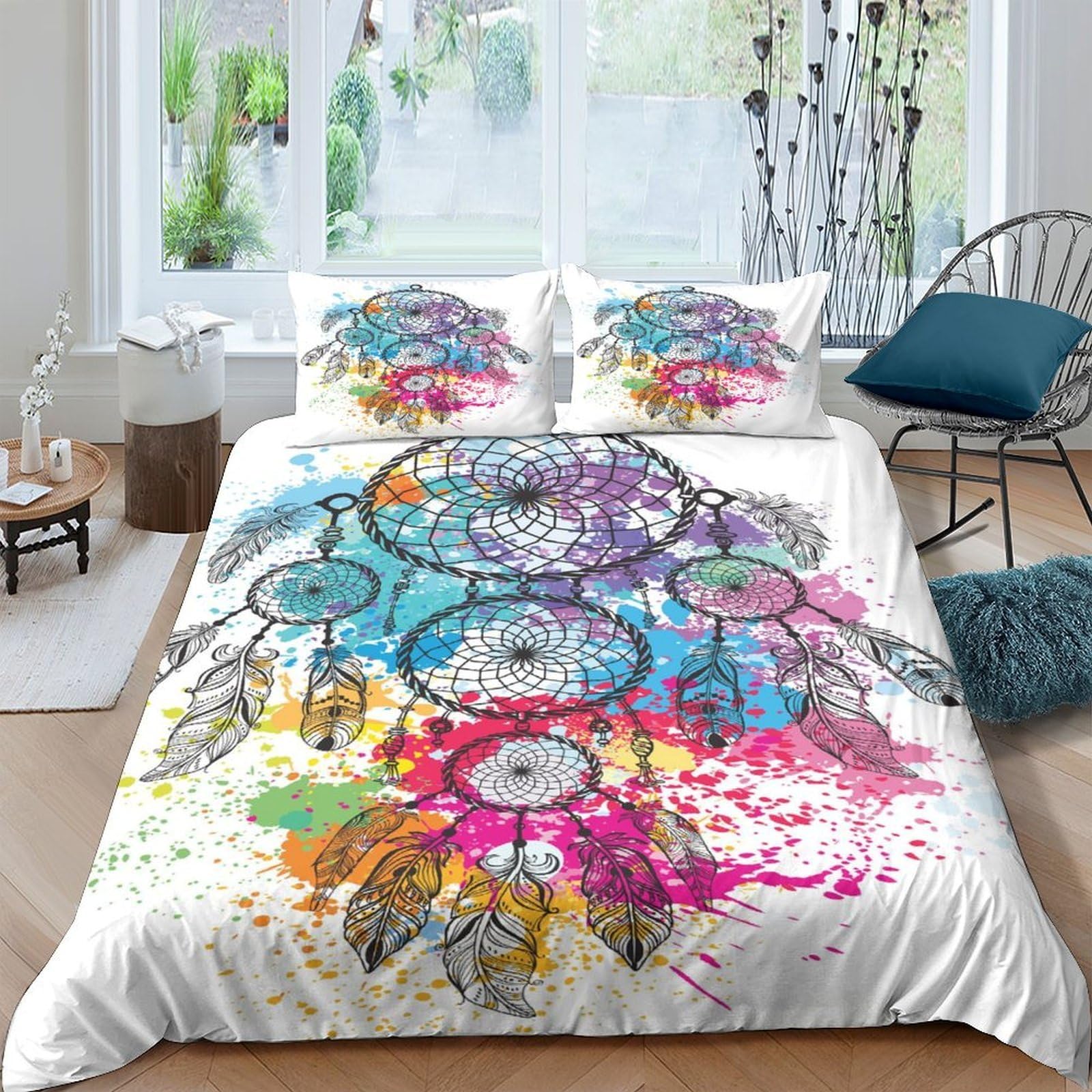 Ctjqhvkz Style-10 3D Printed Dreamcatcher Fitted Sheet Microfiber Colourful Splash Feather Bed Sheet For Bedroom Guestroom Decor Mattress Cover Single（135X200cm）
