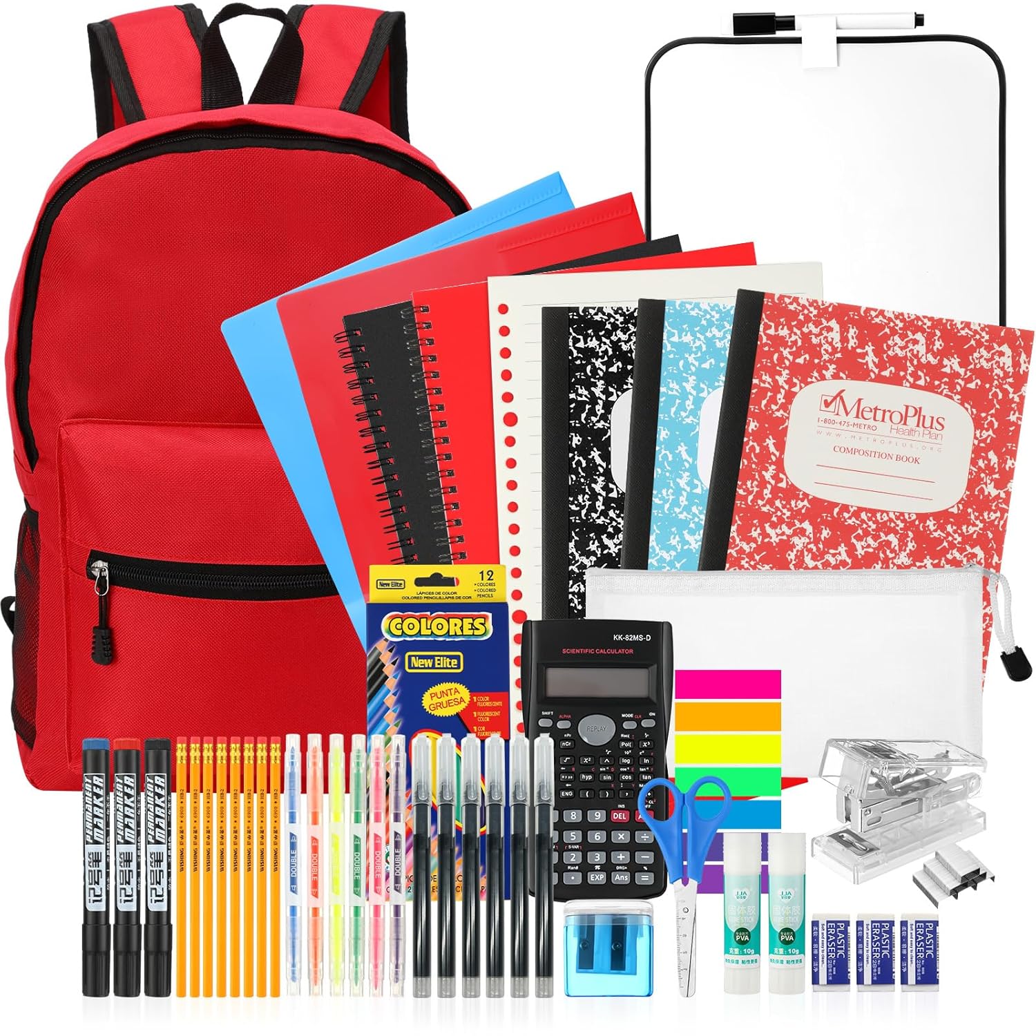 52 Pcs Middle and High School Supplies Kit with Backpack, Back to School Supplies Bag Set College Bundle Essential Stuff Bulk Stapler Notebook Calculator for Senior Student Teen(Red)